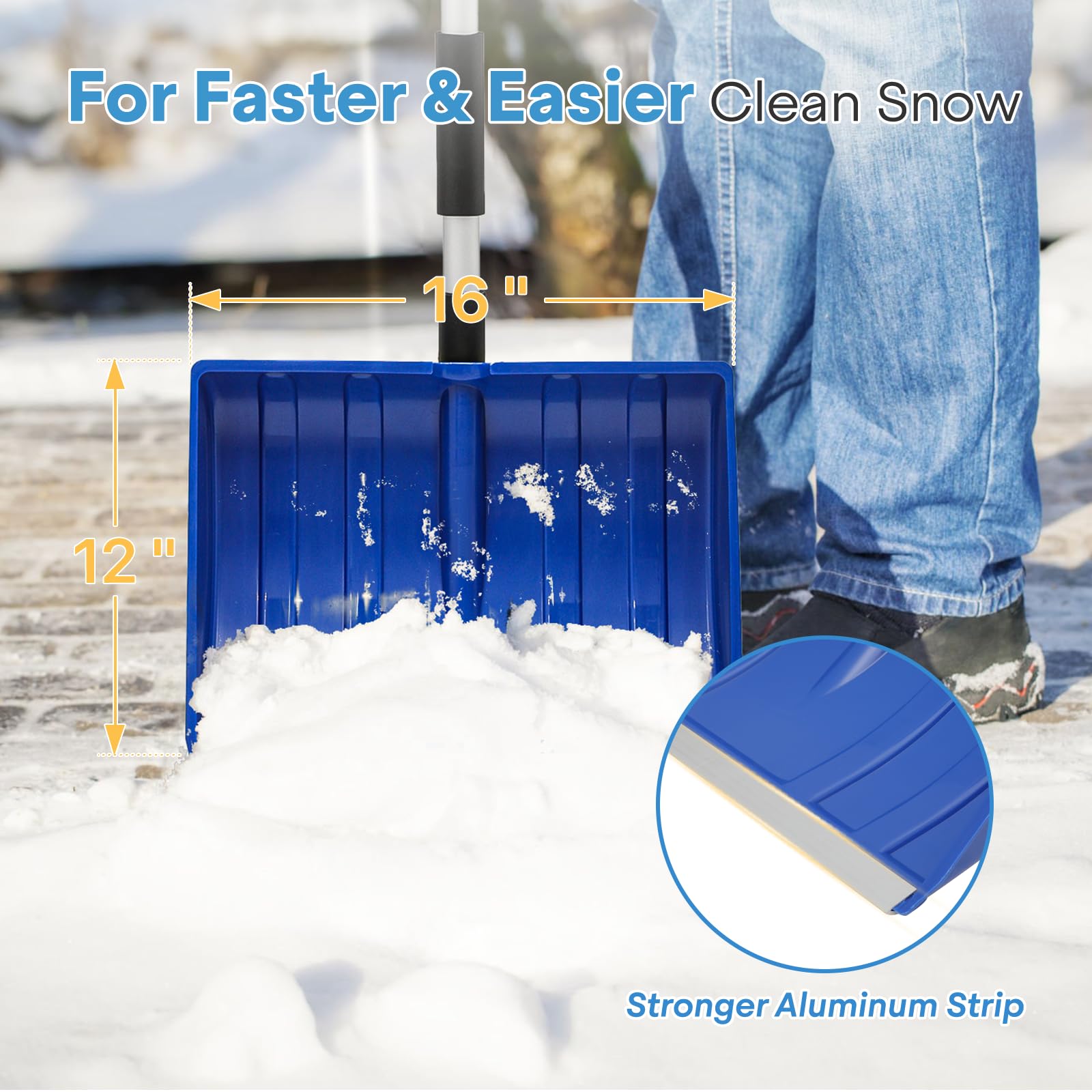 Pala da neve larga 40,6 cm con manico in alluminio e striscia di alluminio, grande pala da neve per vialetto, casa, patio, passerelle, rimozione neve, blu