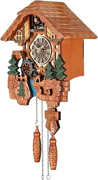 Kintrot Cuckoo Clock for Wall, Handcrafted Wooden Tratditonal Black Forest Chalet Clock with Cute Singing Bird, Rotatable Waterwheel,Squirrel,Deers and 12 Melodies