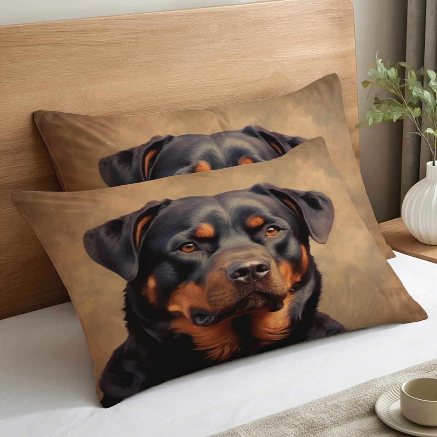 Rottweiler Pillow Cases Standard Size Set of 2 - Soft Breathable Microfiber Pillowcases with Envelope Closure, Dog Patterned Pillow Covers, Rottweiler Decor