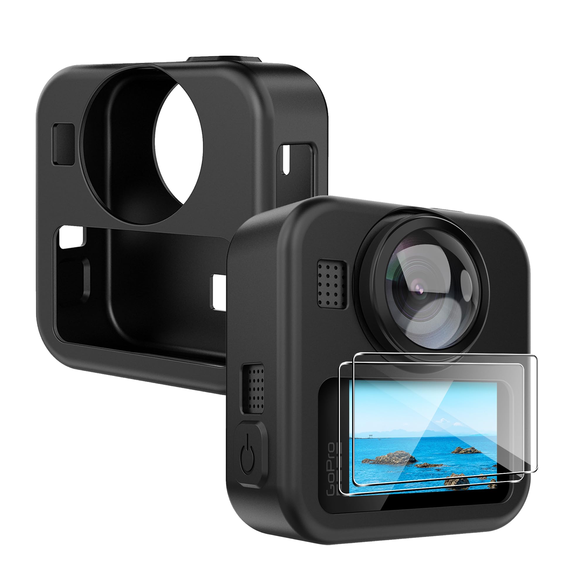 Effcotuo Etui na telefon komórkowy do GoPro MAX 2 z 2 sztukami folii ochronnej do szkła pancernego, ultra cienkie etui, odporne na uderzenia, etui ochronne na telefon komórkowy, amortyzacja wstrząsów