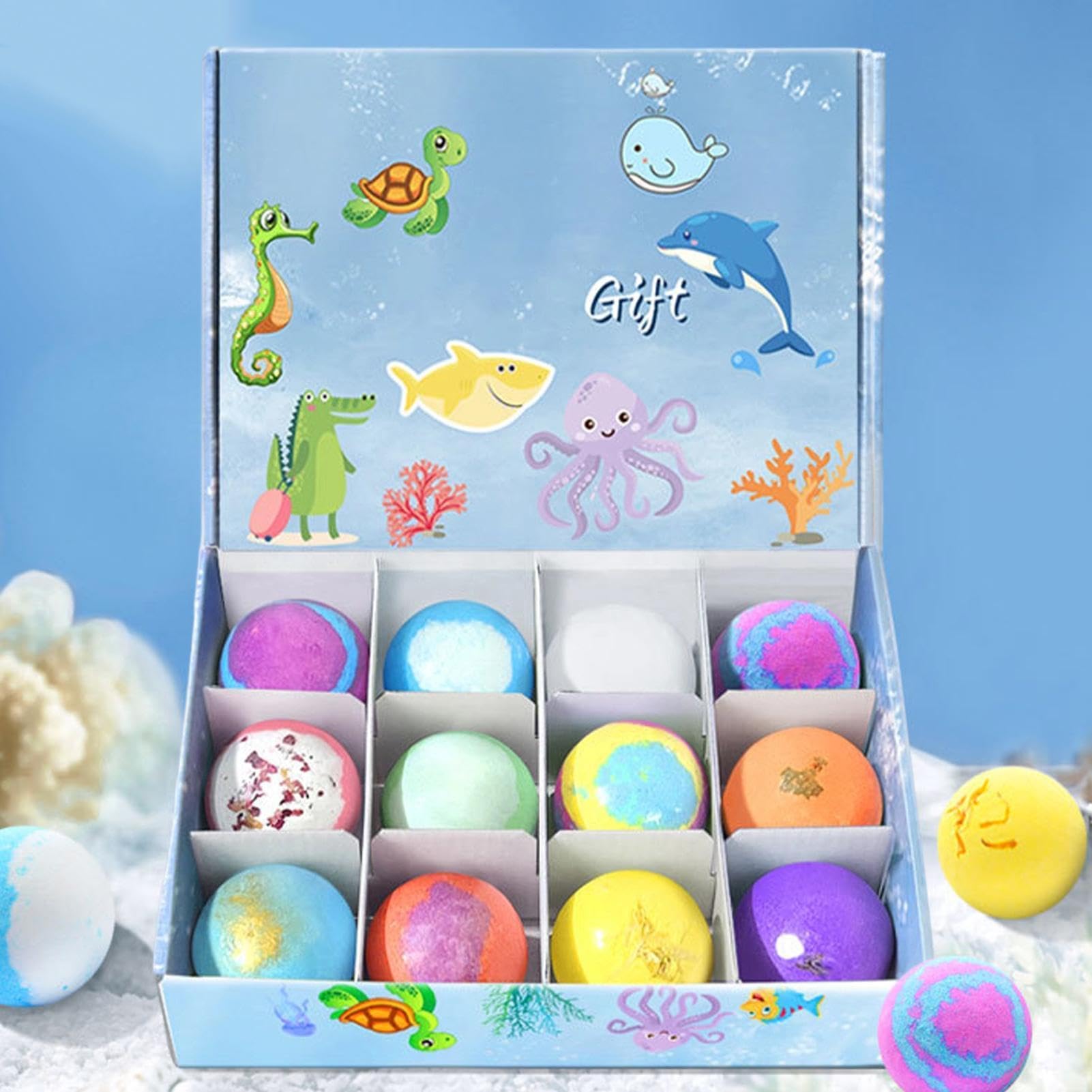 Coffret cadeau bombes bain enfant | 12 Bombes bain enfant | Animaux amusants bains mer avec à l'intérieur | Boules bains moussantes organiques naturelles éducatifs pour hydrater peau