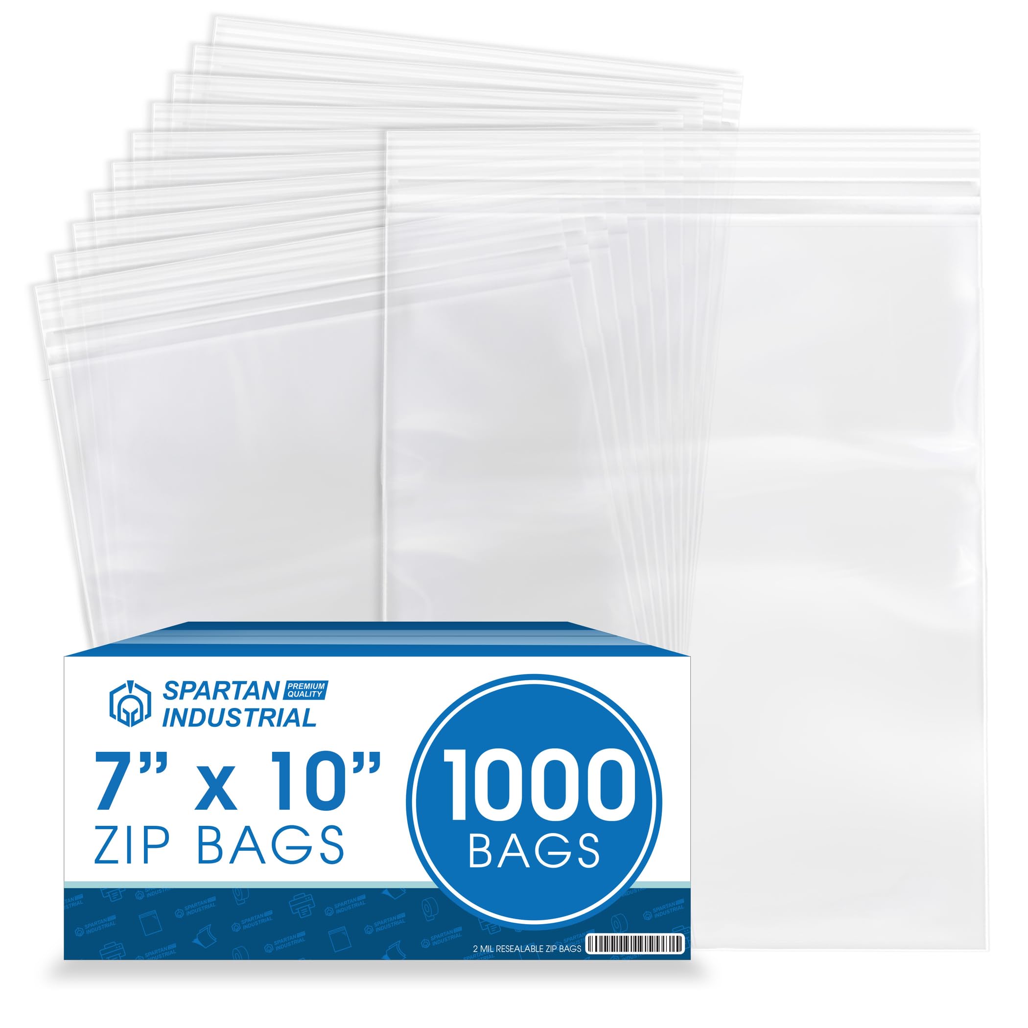 Spartan Industrial - 7” X 10” (1000 Count) 2 Mil Clear Reclosable Zip Plastic Poly Bags with Resealable Lock Seal Zipper