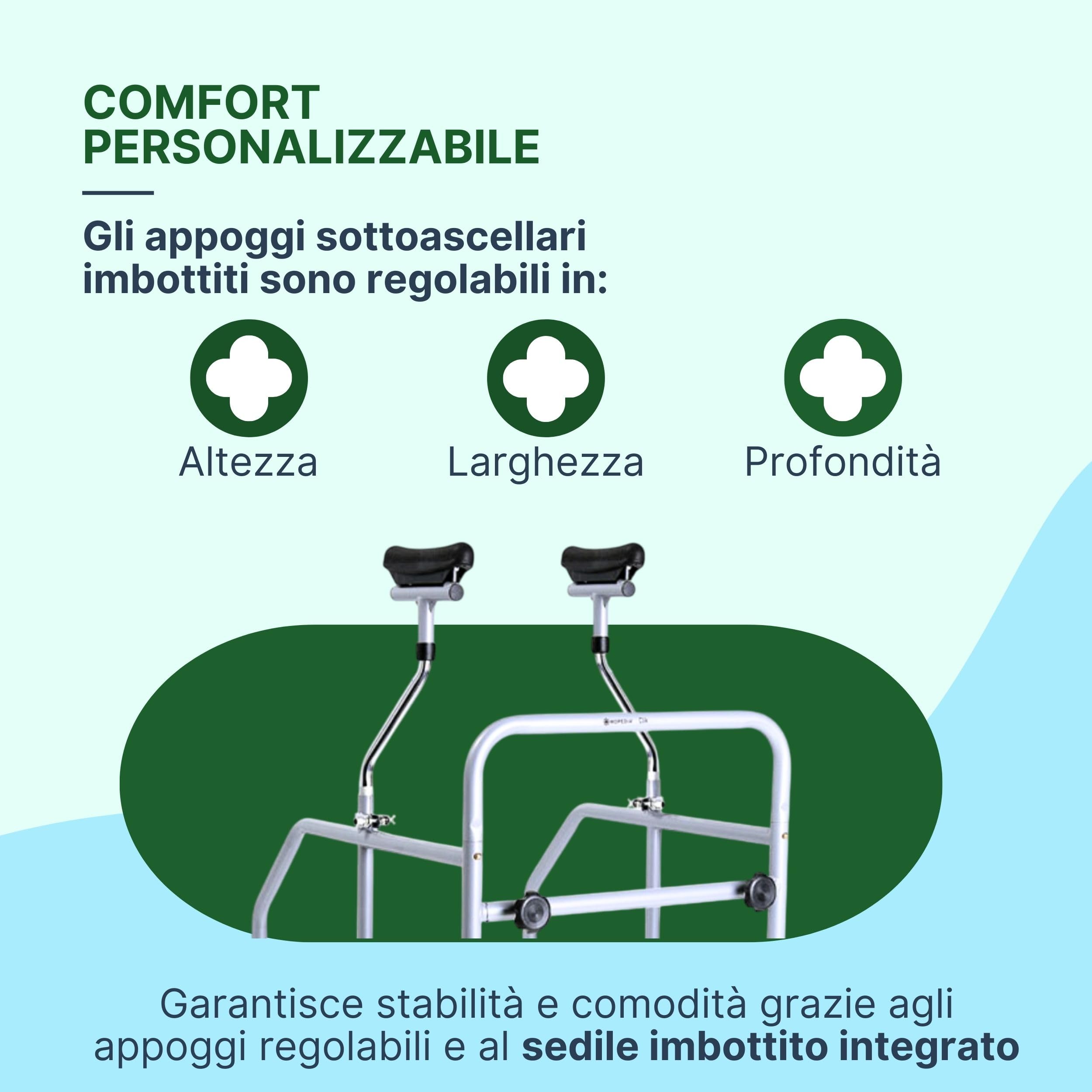 Deambulatore con Seduta, Deambulatore per Anziani Smontabile | Girello per Anziani e Disabili Ascellare, Appoggi Sottoascellari Regolabili, Acciaio Verniciato, 4 Ruote, Interni ed Esterni