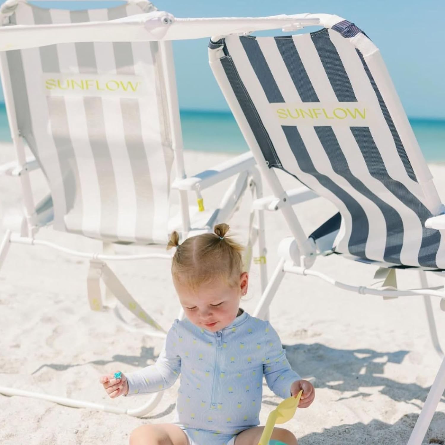 SUNFLOW Shore Thing Premium Beach Chair - Adjustable, Portable, Rust-Resistant, Reclining Beach Chair with UPF 50+ Sun Shade and Drink Holder for The Ultimate in Comfort (Deep Blue Stripe)