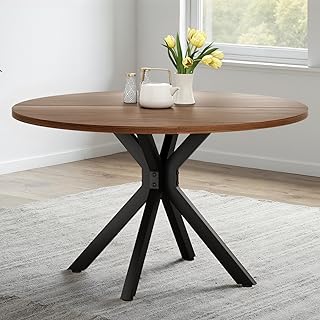 STARY 47.2" Solid Wood Round Dining Table for 4-6 People, Kitchen & Dining Room Table with X-Shaped Pedestal Base, Farmhouse Modern Wooden Table with Floor Protection Pads