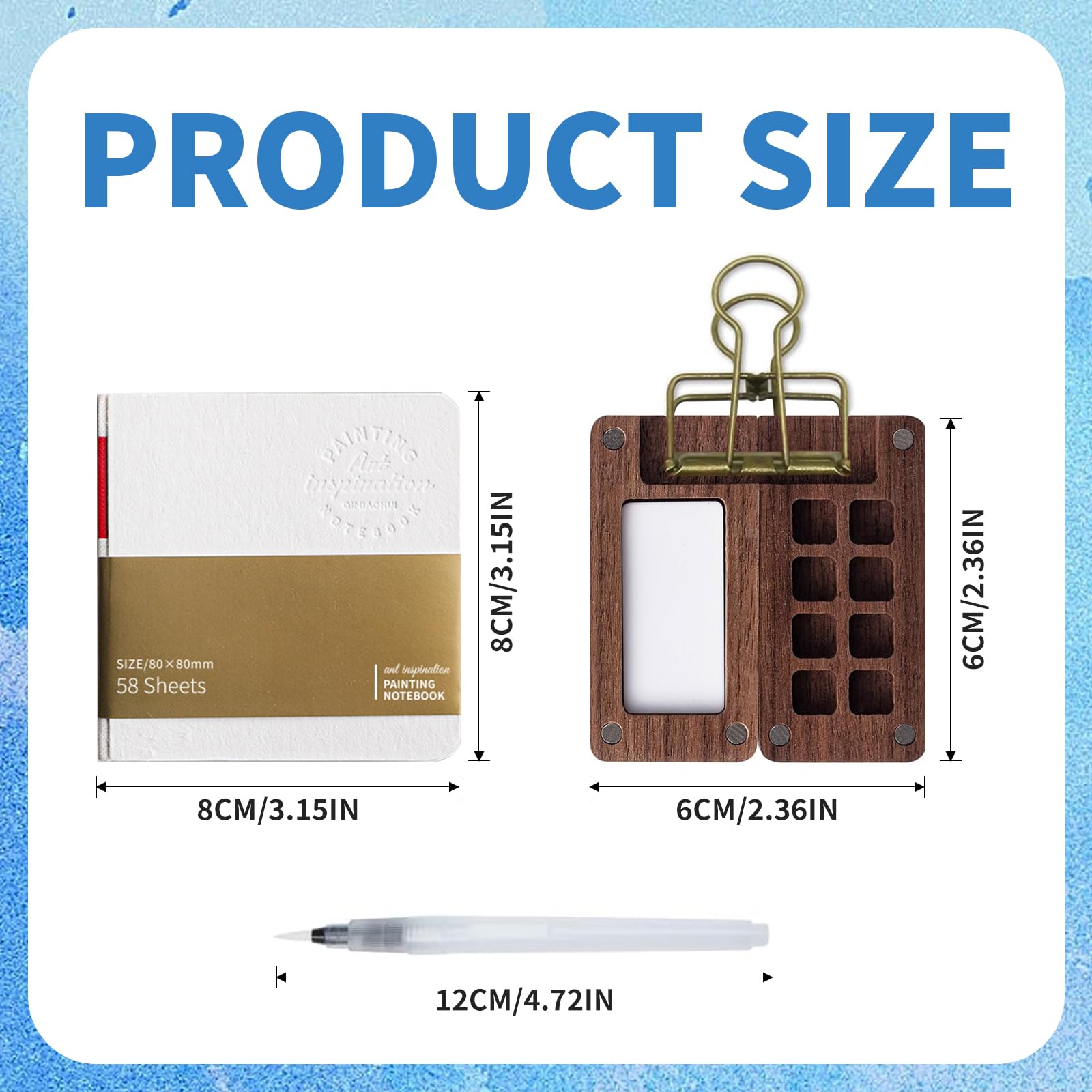 Mini Aquarell Set – Pocket Aquarell Set mit 8 Walnussholz, Magnetverschluss & Binder-Clip, Skizzenbuch mit 58 Blatt Aquarellpapier, Aquarellpinsel, Aquarell Set Unterwegs