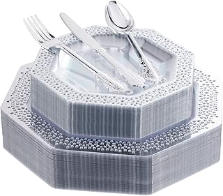DaYammi 150PCS Silver Plastic Plates Disposable Clear Plastic Plates with Silver Plastic Silverware Include 30 Party Dinner Plates,30 Dessert Plates,30 Fork,30 Knives,30 Spoon for Wedding Party