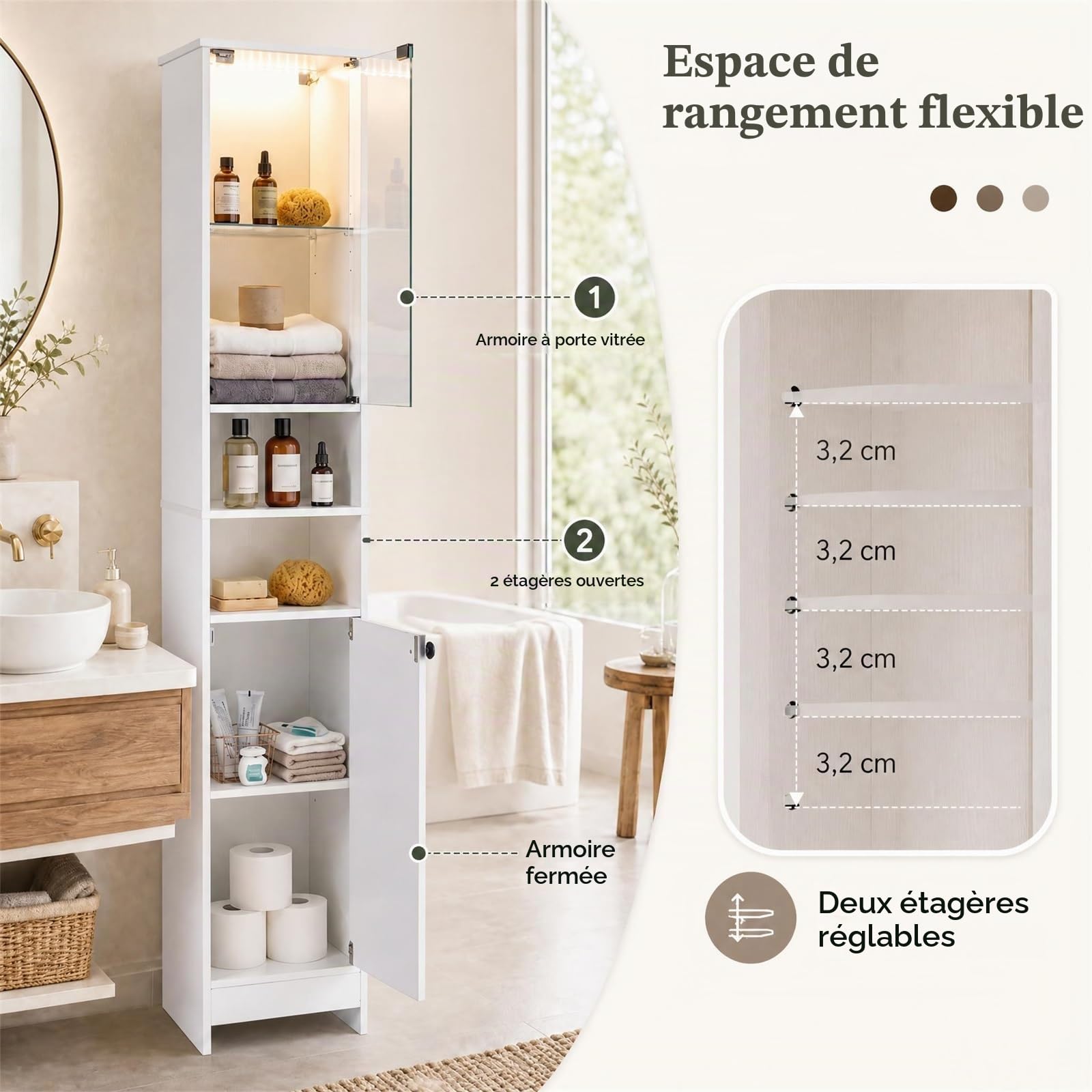 LIFEZEAL Meuble Salle de Bain avec LED, Télécommande, Colonne de Rangement Étroit Haut avec Porte en Verre Trempé, Étagères Réglables, Armoire sur Pied pour WC Cuisine Salon, 30 x 30 x 170 cm (Blanc)
