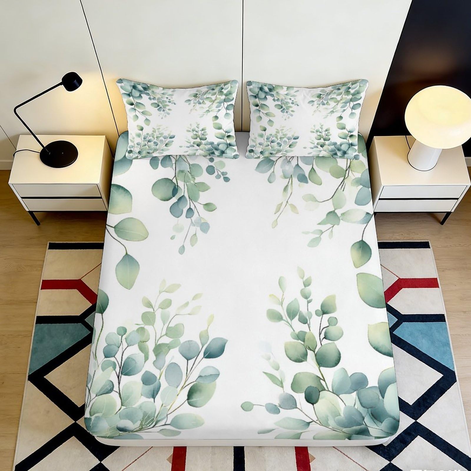 3D Printed Eucalyptus Leaf Fitted Sheet Microfiber Soft Botanical Green Mattress Cover Bedroom Decor Easy Care 90x200x25cm