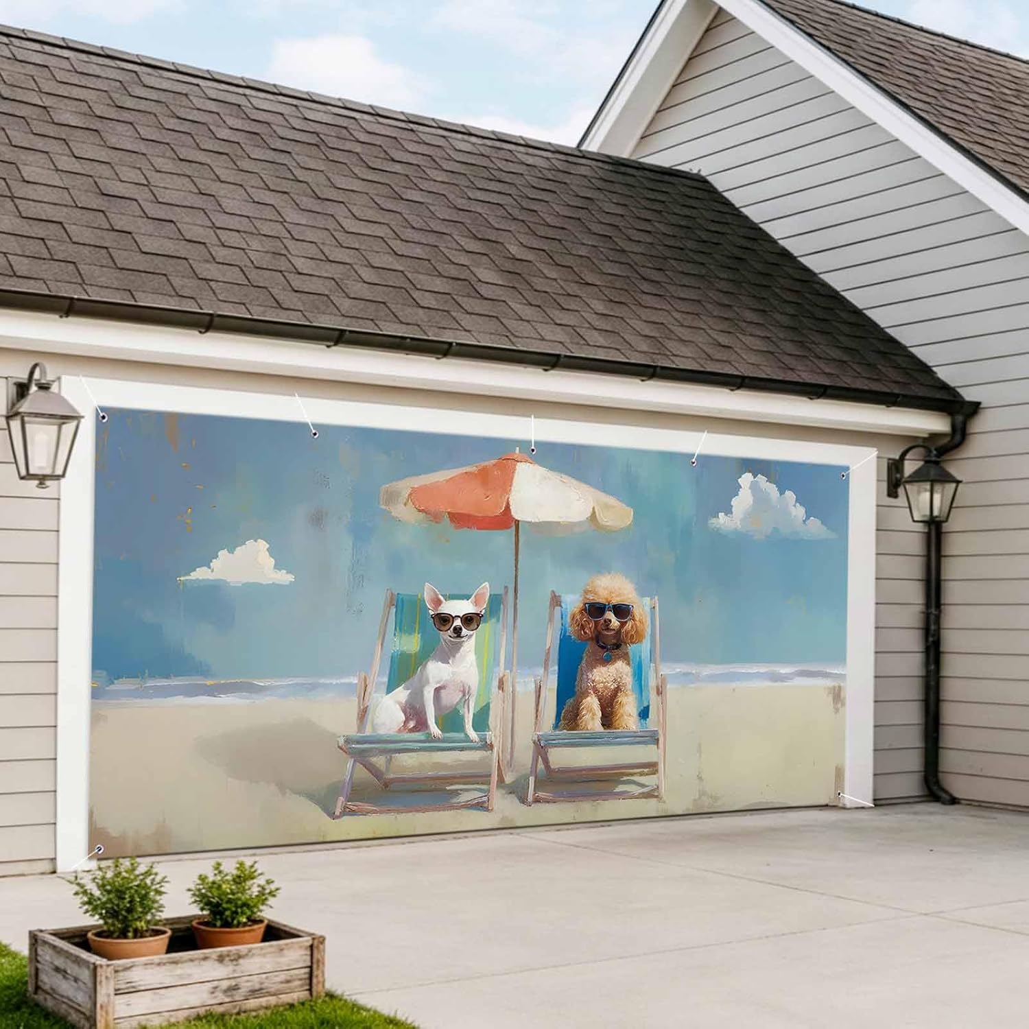 Summer 7 x 16 ft Garage Door Cover Abstract Puppy Holidays Beach Dog Large Decorations Waterproof Banner for Holiday Outdoor Decor