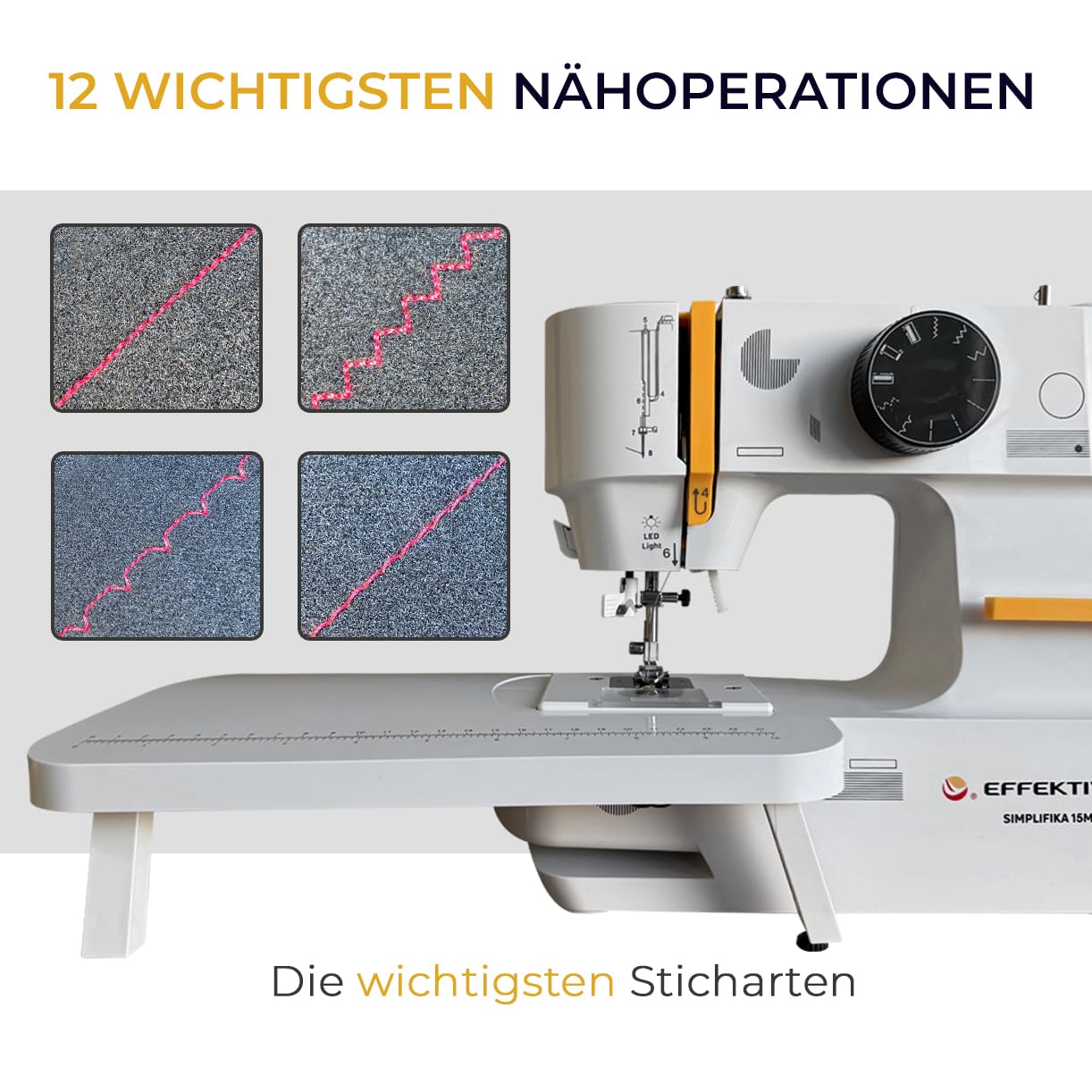 EFFEKTIV Mini-Nähmaschine, kompakt, 15 Stiche, 27 x 30 cm, Metallstruktur, horizontaler Schiff, automatischer Einfädler, für alle Arten von Stoffen, ausziehbarer Tisch