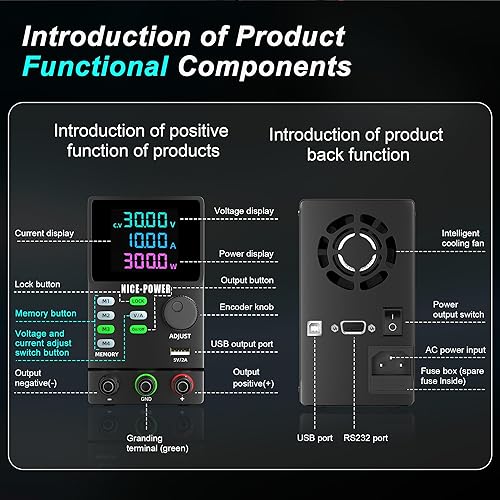 Miniatura 2 de NICE-POWER Fuente de alimentación de CC variable, fuente de alimentación de banco de laboratorio regulada ajustable de 30 V 10 A con perilla de