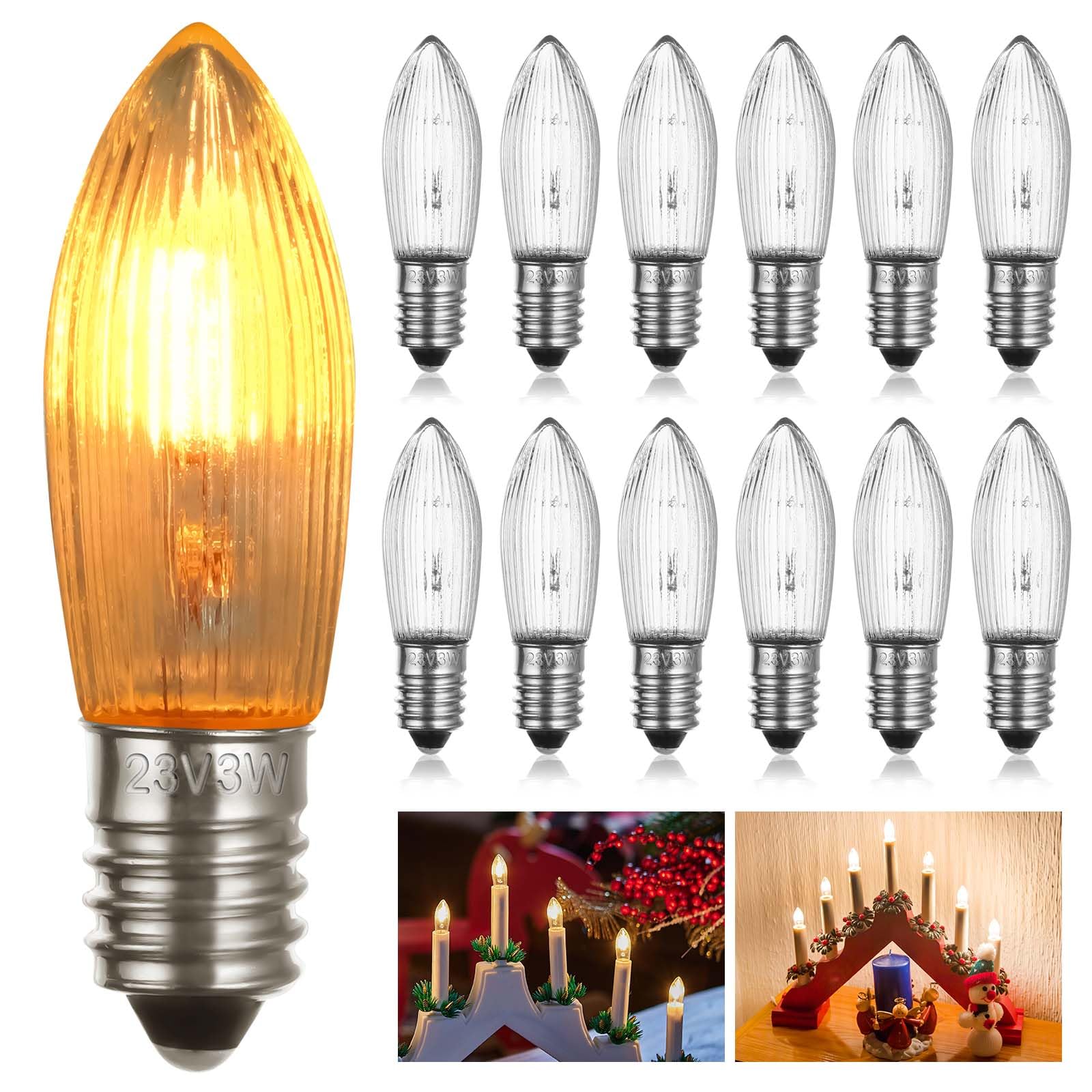 AUAUY 12 Stück E10 23V 3W Ersatzbirnen Glühbirne Topkerzen, Warmweiss 2200K Topkerze Spitzkerze Ersatzlampen, Schwibbogen Kerzenlampe für Lichterkette Christbaumbeleuchtung