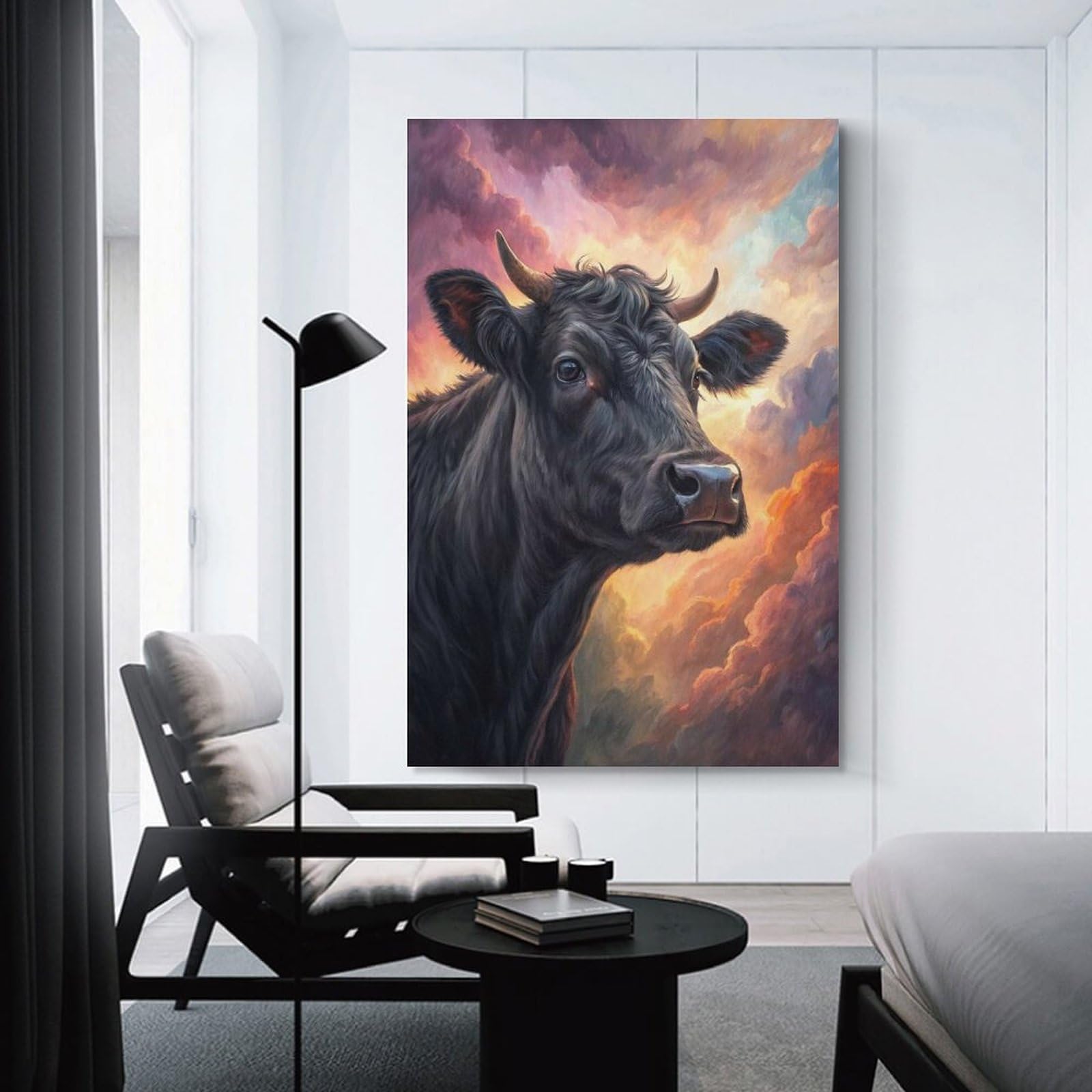 Junmoney Decorative Wall Artwork Black Cow in Dramatic Sky, 16x24inch(40x60cm), for Calm Bedrooms, Home Corners Or Flats, An Easy Wall Refresh for Bedrooms