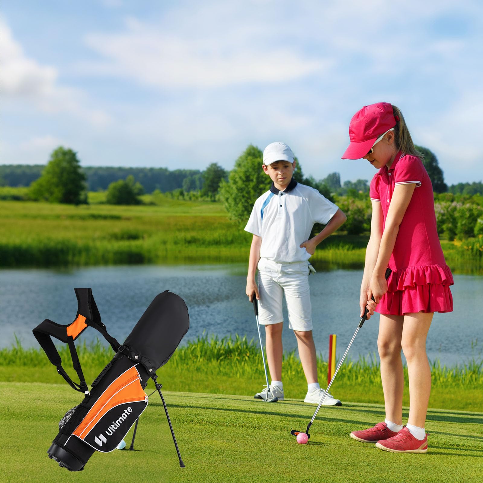 LIFEZEAL Ensemble de Clubs de Golf pour Enfant droitier avec Fer #3 Fairway, #7 & #9, Putter, Couvre-Clubs, équipement de Golf pour garçons et Filles de 8 à 10 Ans