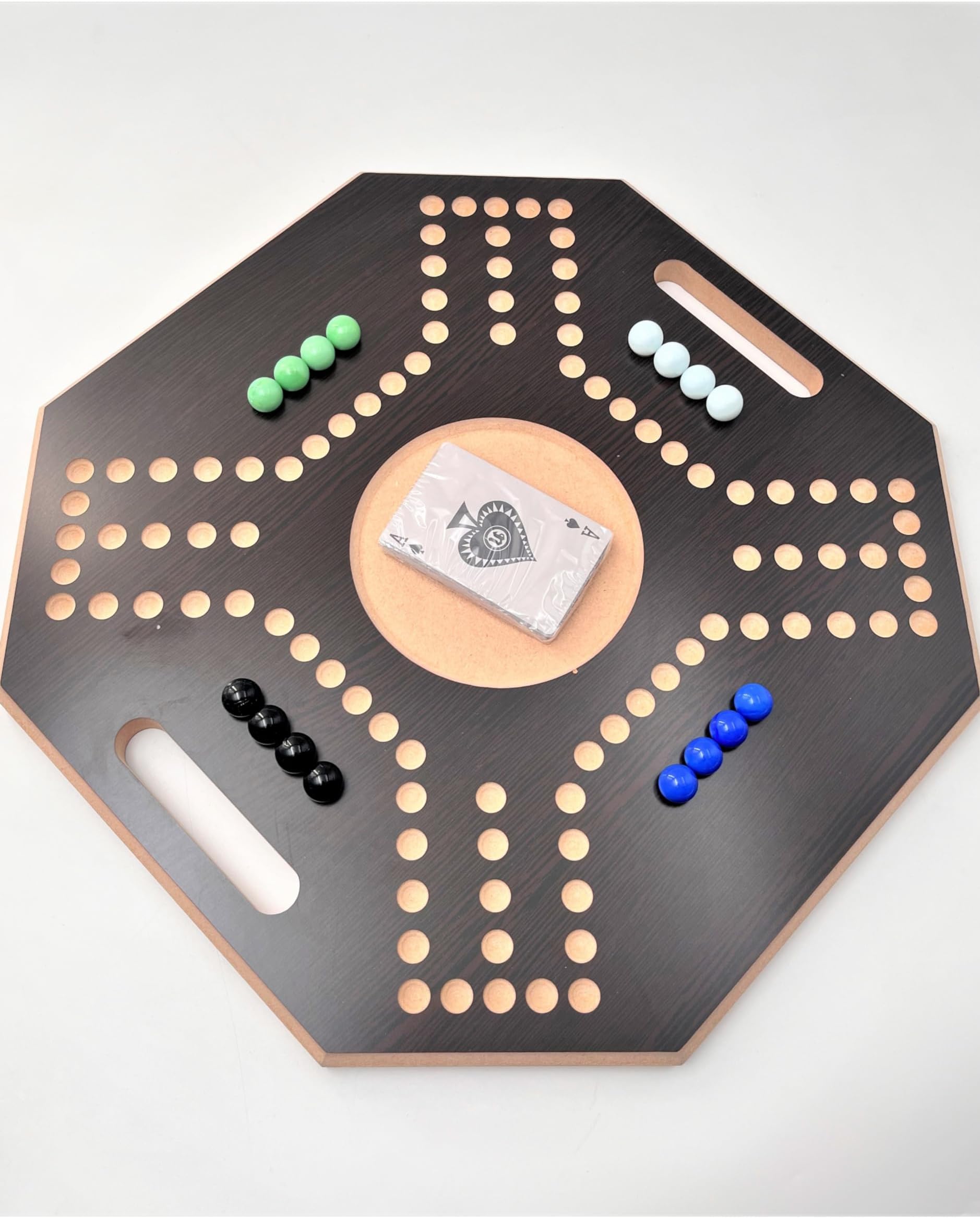 Jackaroo Wooden Board Game for 4 Players With Glass Marbles and Cards