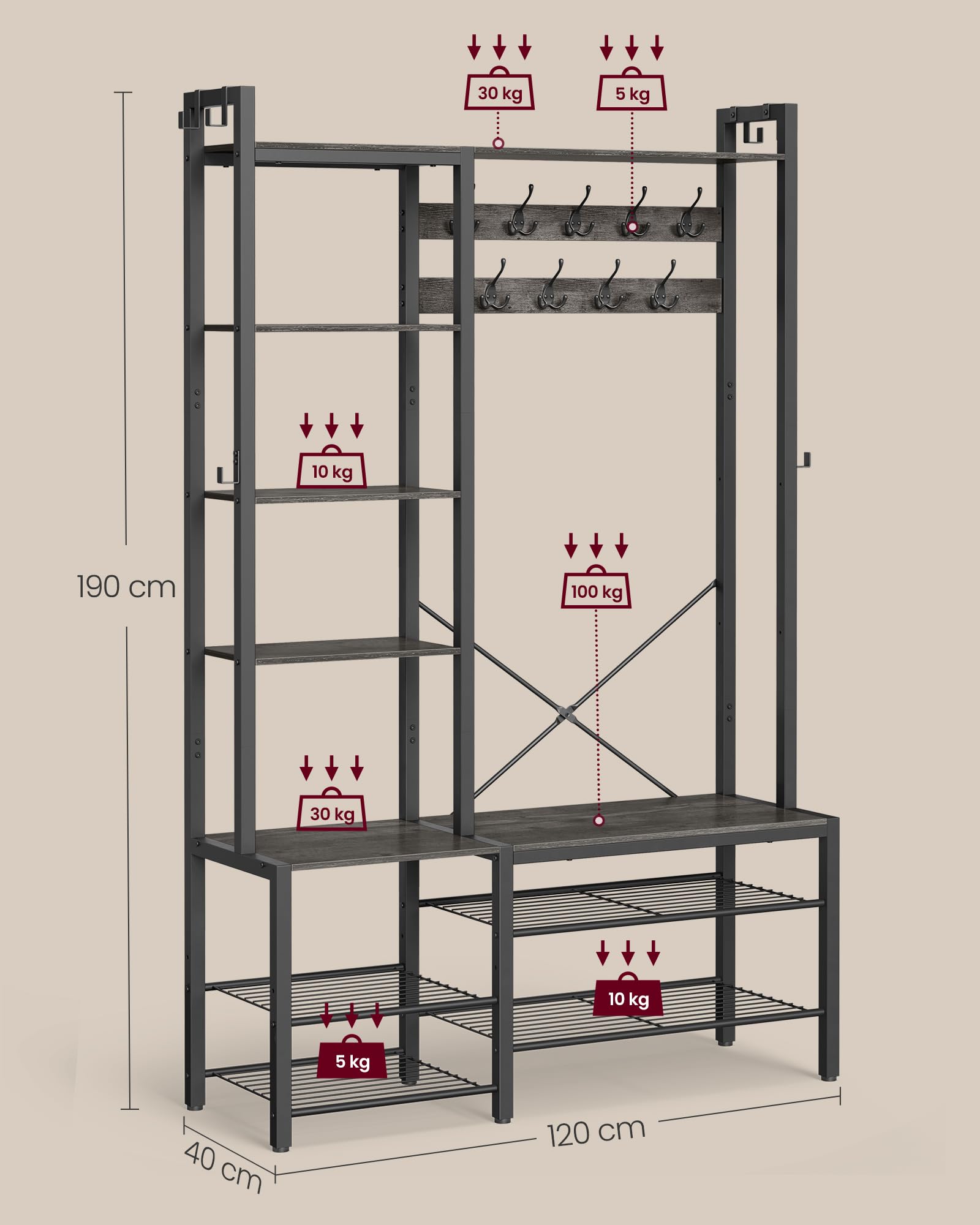 VASAGLE Perchero Recibidor con Banco Zapatero y 5 Estantes de Almacenaje, 9 Ganchos para Ropa y 6 Ganchos Laterales, 40 x 120 x 190 cm, Gris Piedra y Negro Tinta HSR426B04