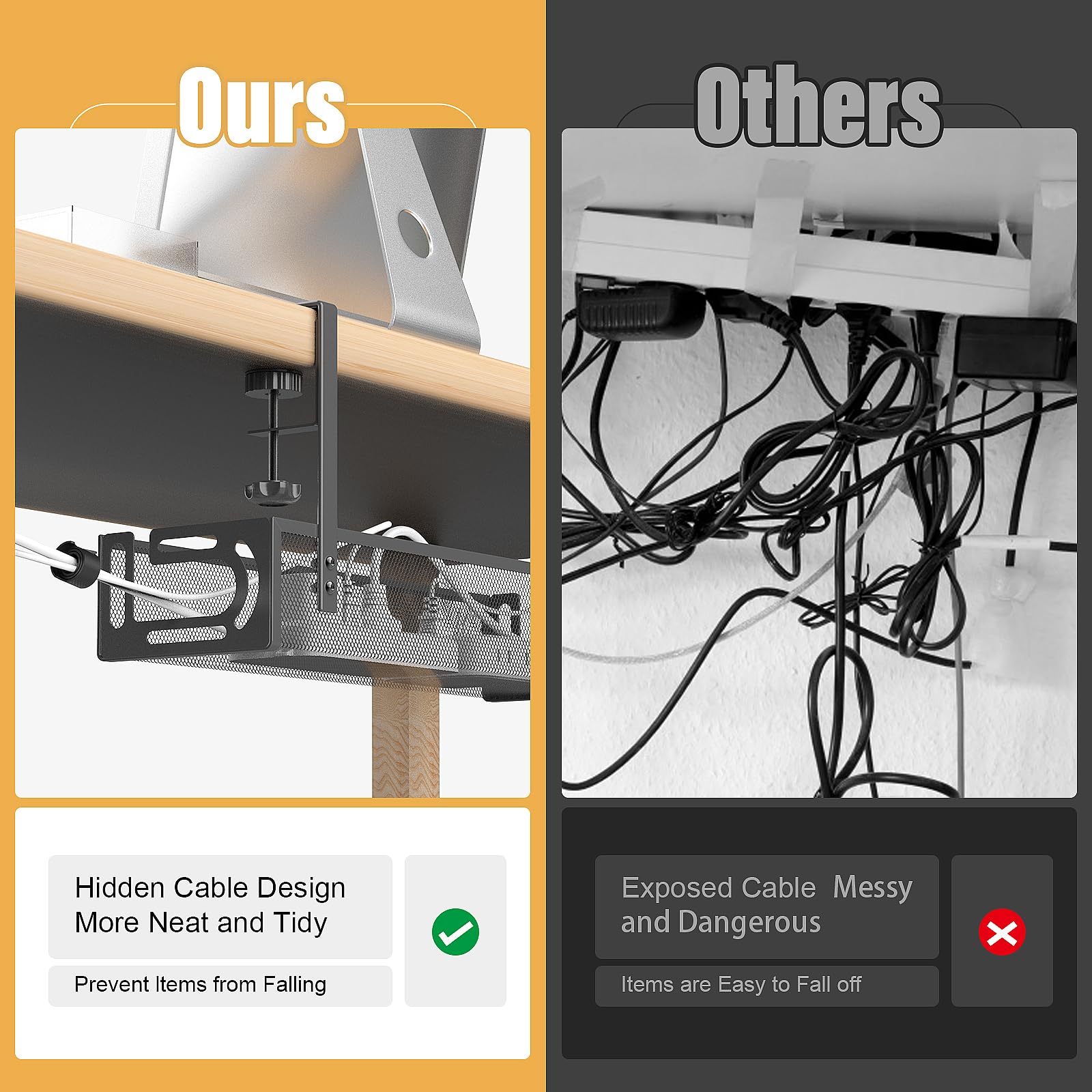 Under Desk Cable Management Tray No Drill, Metal Mesh Cable Tray with Clamp for Desk Wire Management, Cord Organizer Box for Office, Home