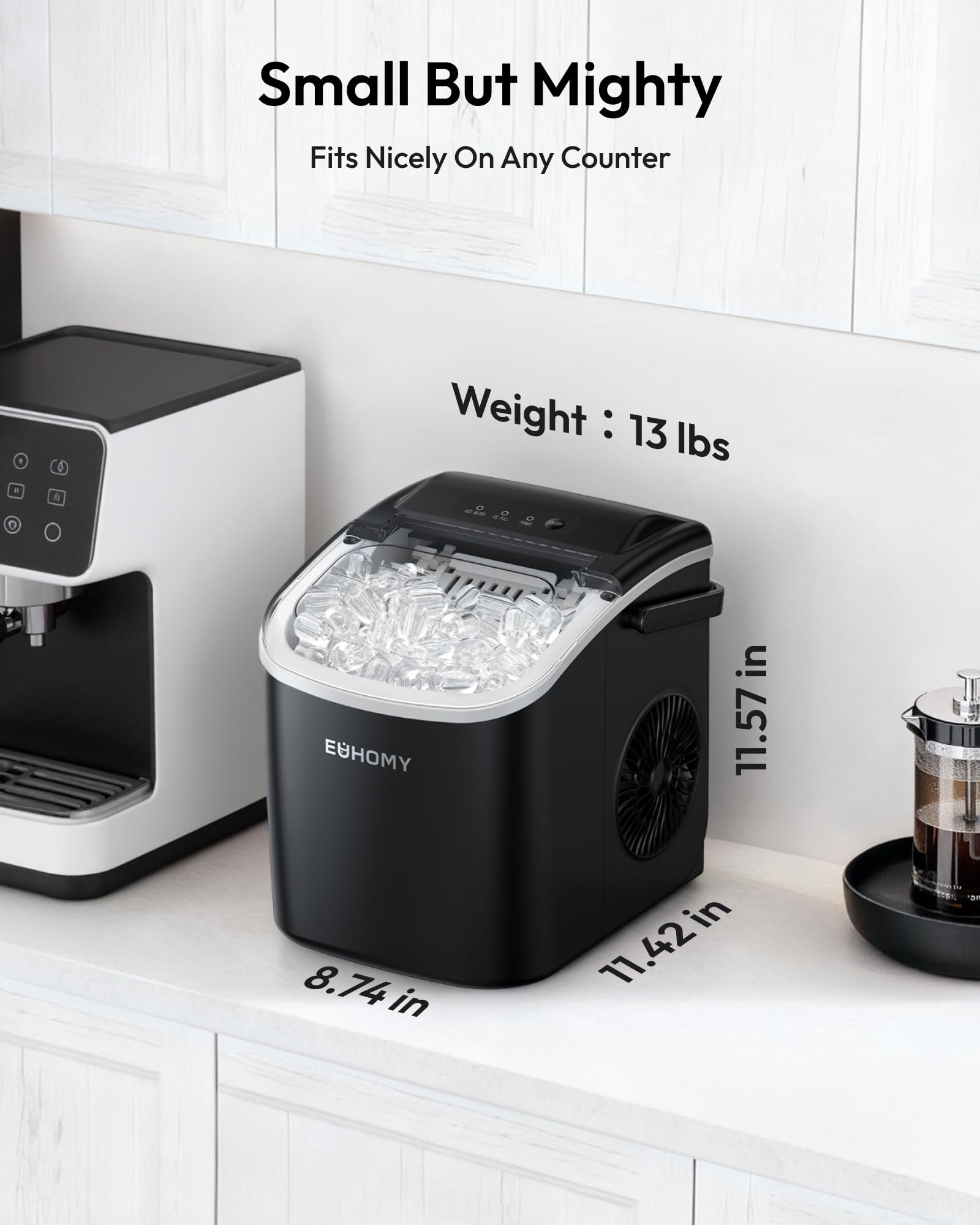 EUHOMY Countertop Ice Maker Machine with Handle, 26.5lbs Per Day, 9 Ice Cubes Ready in 6 Mins, Auto-Cleaning Portable Ice Maker with Basket and Scoop, for Home/Kitchen/Camping/RV (Black) view 7