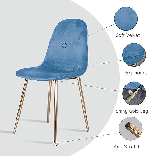 Miniatura 3 de Juego de 4 sillas de comedor azules, modernas sillas de cocina Midcentury con patas cromadas doradas, altura de asiento tapizadas de terciopelo de