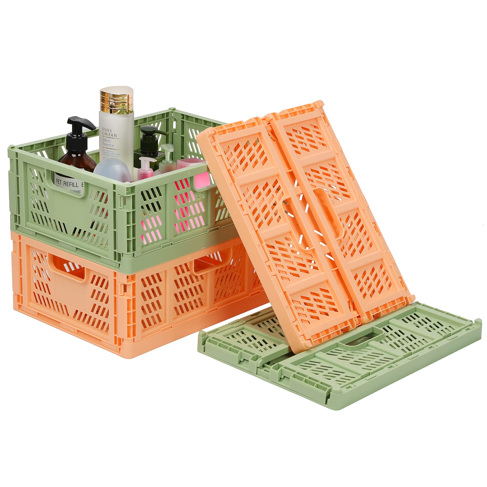 jocabo 2 Pink Green Plastic Storage Basket Folding Boxe Crate Drawer Organizer Stackable Shelf Collapsible Closet Container Food Fruit Bottle Book Organiser for Home Office Kitchen