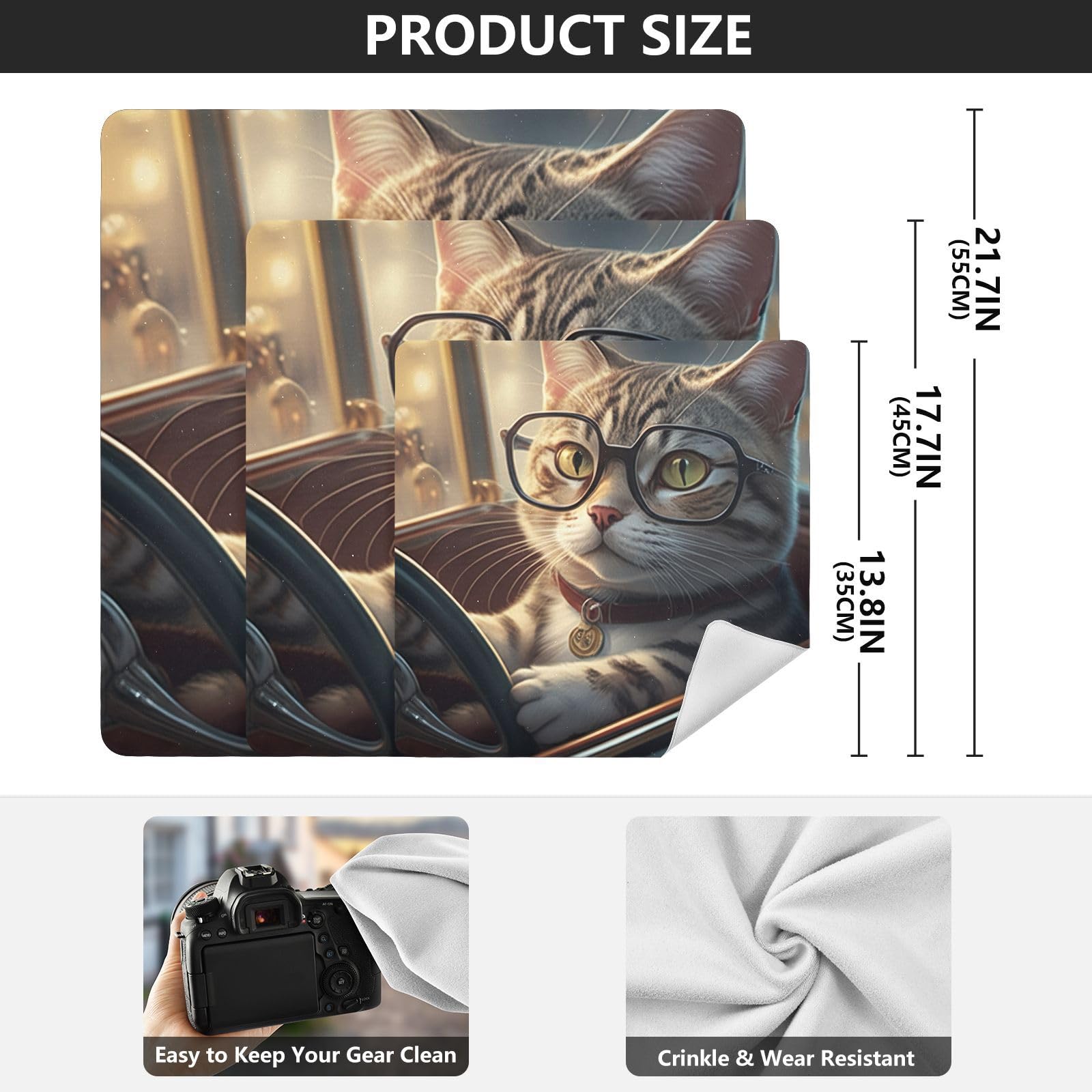 ODAWA Cute Cat Car Self Adhesive Cloth 21.7X21.7 Inch Self-Adhesive Cloths Protective Camera Wrapper Magic Self-Adhesive Cloths for Camera, Lens, Laptop