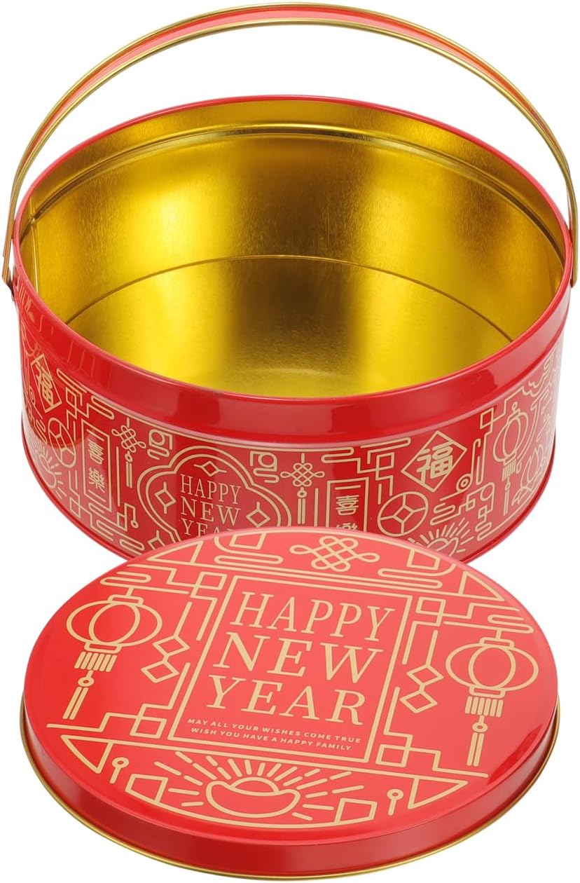 iplusmile Candy Box Gifts Round Red Metal Candy Packaging Box 7.87 X 7.87 X 3.34 in Small for Chinese New Year Valentine S Day Weddings Cookies Treats Party Favors image 4