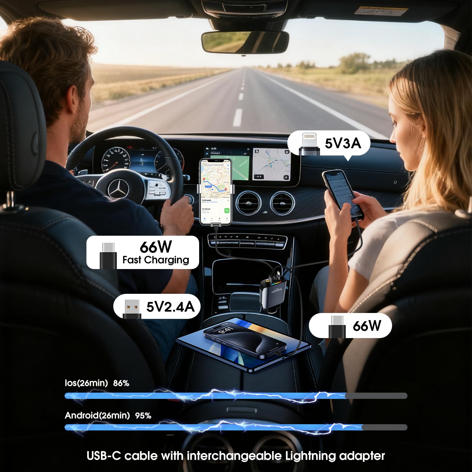 WHATOOK 4 W 1 zapalnik papierosów USB C ładowarka samochodowa: [75% mniejsza][Sternenhimmel LED] 66W KFZ Auto szybka ładowarka Adapter z wciągalnym kablem typu C/USB C/USB A, 12/24V dla iPhone/Samsung