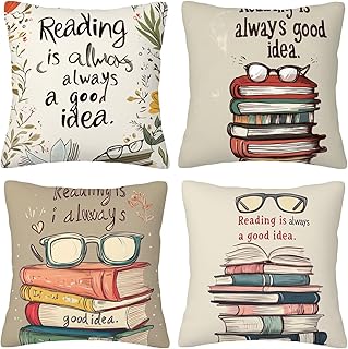 Libros Gafas Fundas de Cojines Decorativas Cuadradas de Lino, 40x40cm con Cremallera Oculta para Sofá, Oficina, Silla, Dormitorio, Jardín, Terraza, Exterior Decoración del Hogar, Juego de 4. H-4
