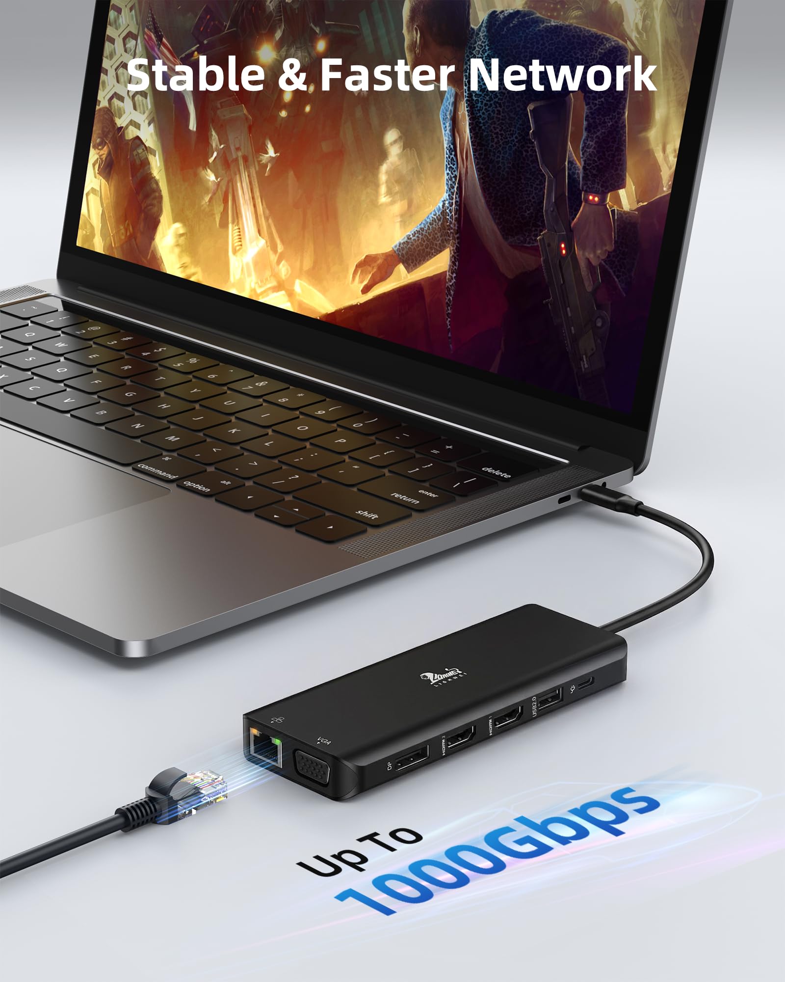 USB C Docking Station 3 Monitor 13 in 1 Hub USB-C con 2 HDMI 4K@60Hz, 8K@30Hz DisplayPort, VGA, 3 USB 3.1 10Gbps, PD 100W, Gigabit Ethernet, adattatore multi-monitor per MacBook Dell HP, nero