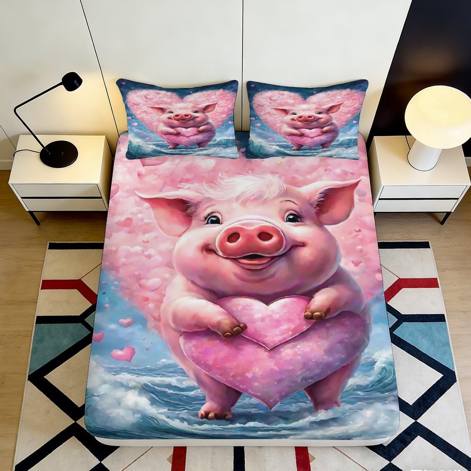 Jqzkxnhpbr Style-8 3D Printed Pink Pig Heart Fitted Sheet Microfiber Bedroom Decor Blue Cartoon Mattress Cover For Home Dorm 90X200x25cm