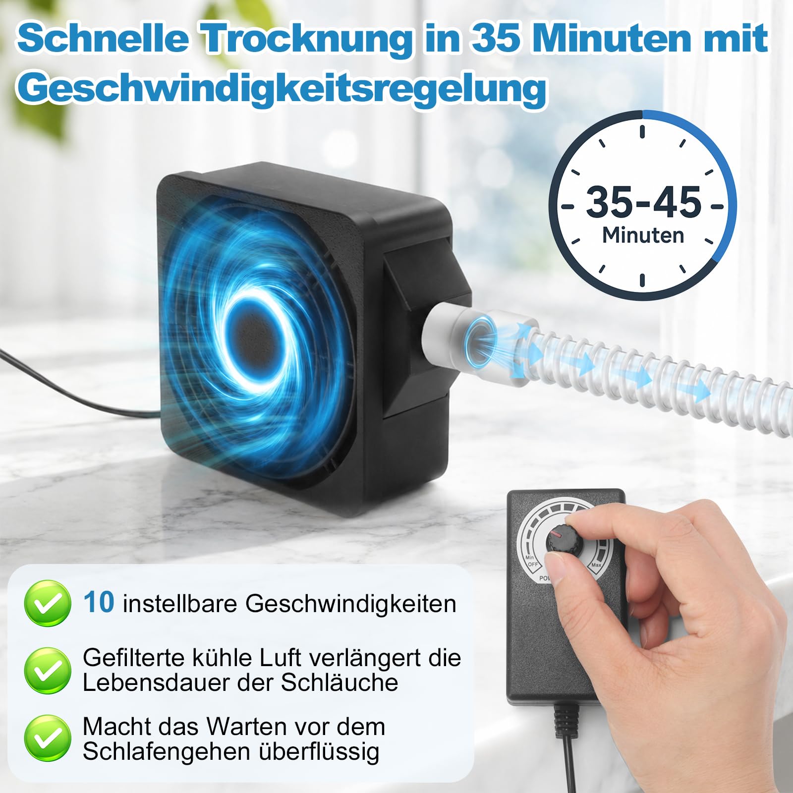 9-teiliges CPAP Reinigungsset – Schlauchtrockner mit 10 Geschwindigkeitsstufen, faltbare 8,3L Waschschüssel, 2,1m Schlauchbürste, Maskenbürste & Doppel-Halter – Kompatibel mit 15mm & 22mm Schläuchen
