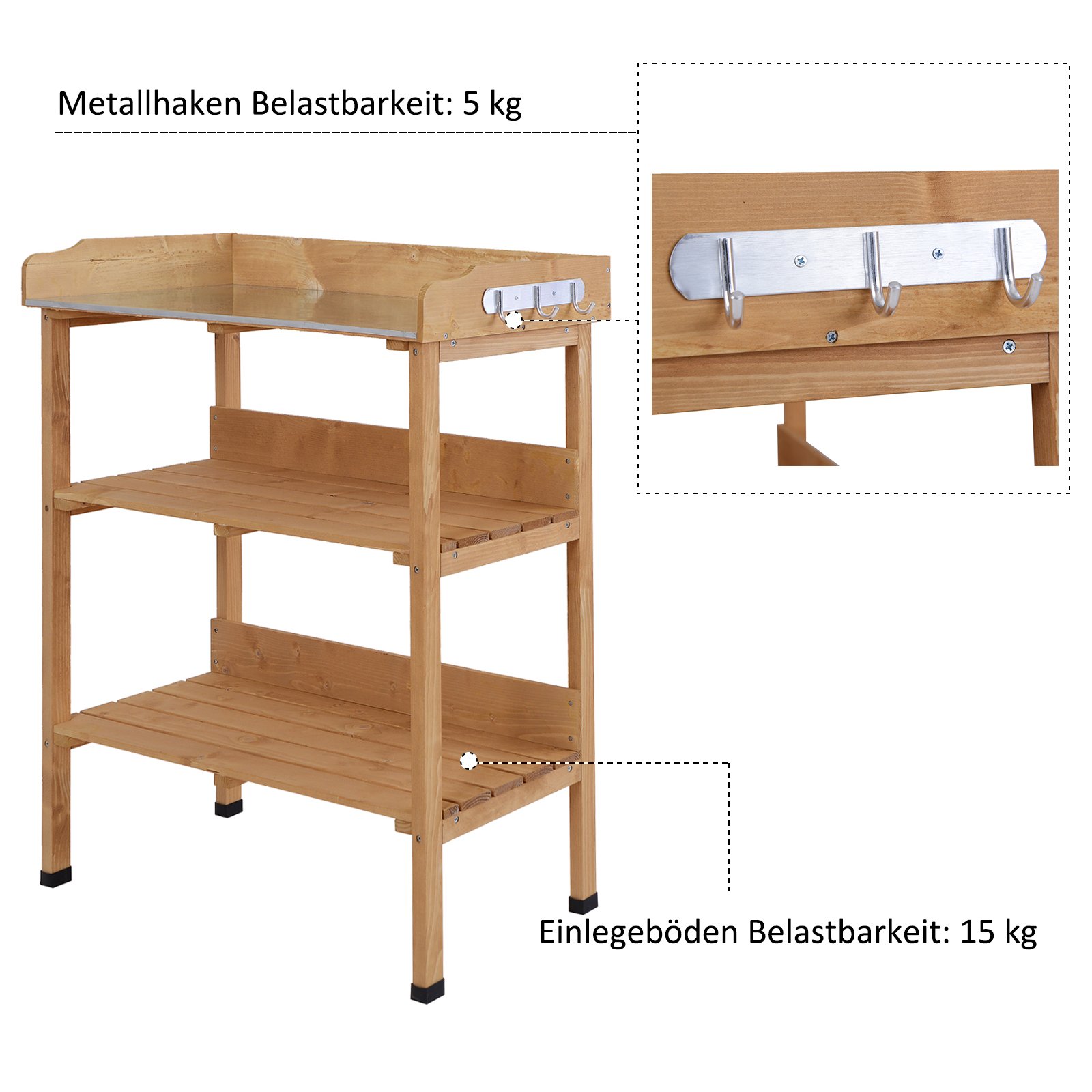 Outsunny Pflanztisch Gärtnertisch Blumentisch mit Metall Arbeitsfläche Garten Holz Natur 76 x 37 x 89 cm