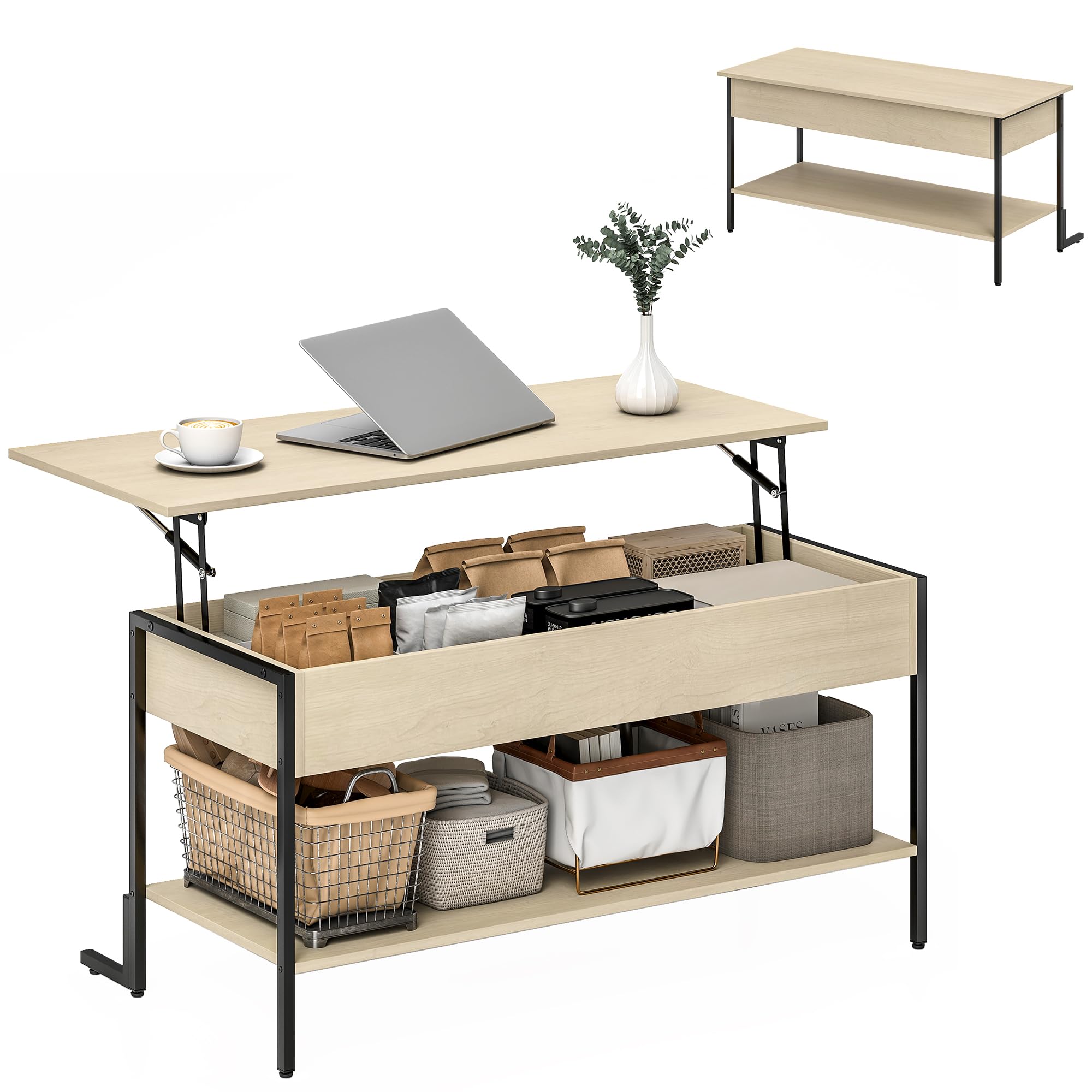 HOMCOM Table Basse avec Plateau relevable, Table de Salon Industrielle avec Compartiment caché et étagère Ouverte, Pieds renforcés en L Stable, pour Salon, Bureau, 95 x 40 x 59 cm, Effet Bois Naturel