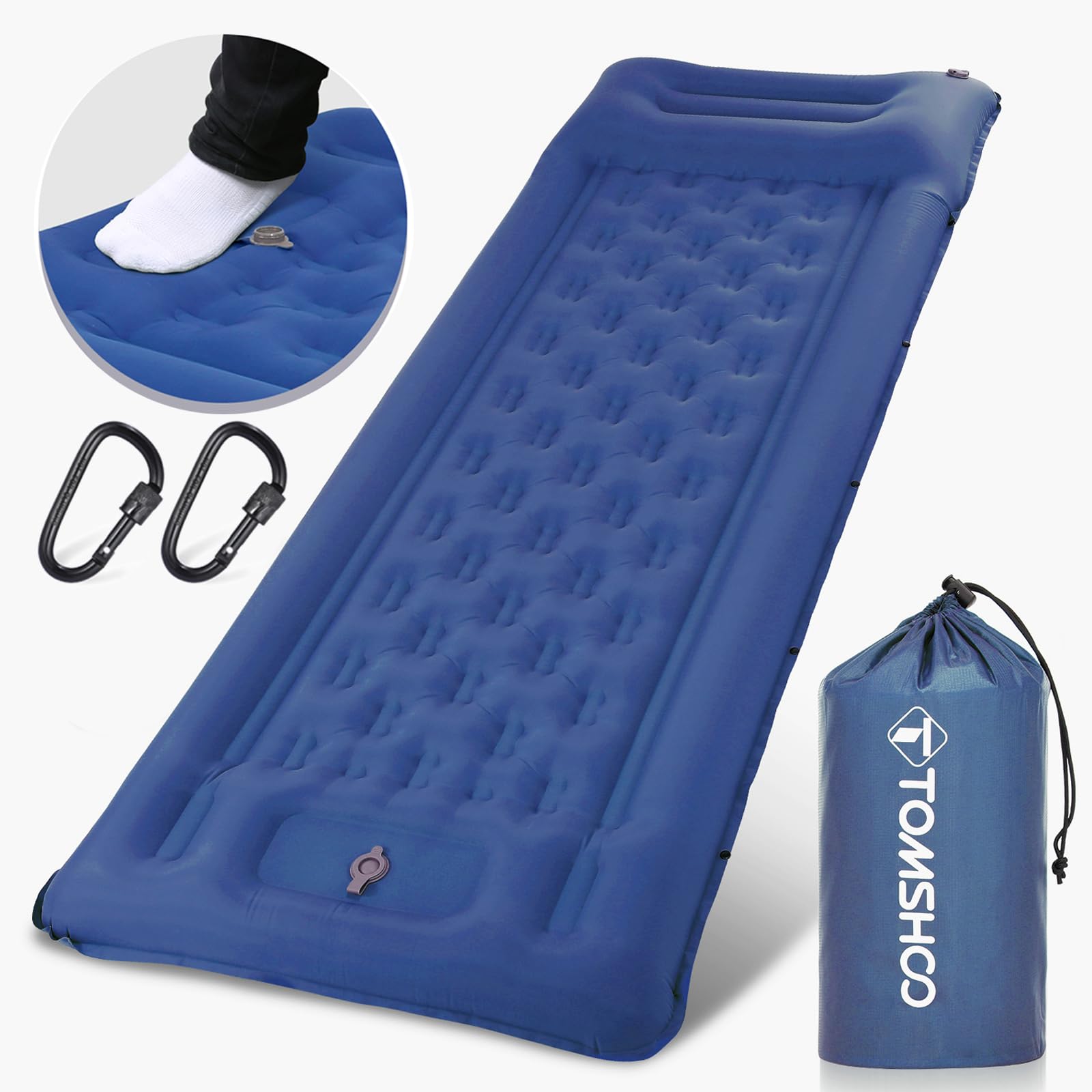 TOMSHOO Esterilla Camping Autoinflable, Colchón Hinchable Con Bomba de Pie y Almohada, Ultraligera Con 2 Mosquetón, Para Tienda, Senderismo, Viajes