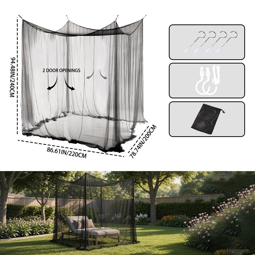 Moustiquaire Extérieur Moustiquaire XXL Jardin de Lit Double, Carrée Moustiquaire Intérieur pour Balcons, Pergolas, Piscines, Patios, Jardins et Camping (Noir 2 Portes, 2.2x2x2.4)