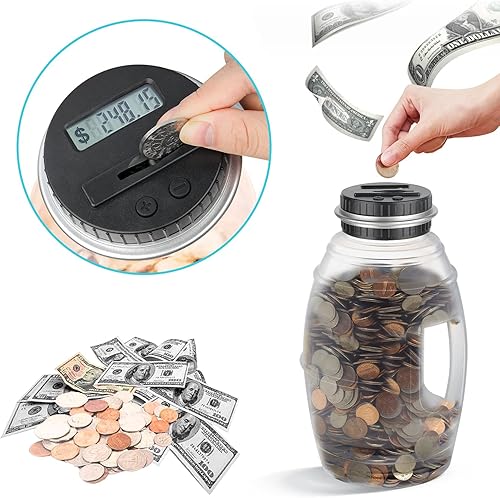 Miniatura 4 de Vcertcpl - 2 alcancías grandes para niños y adultos, banco digital de conteo de monedas con contador LCD, tarro de dinero de gran capacidad para