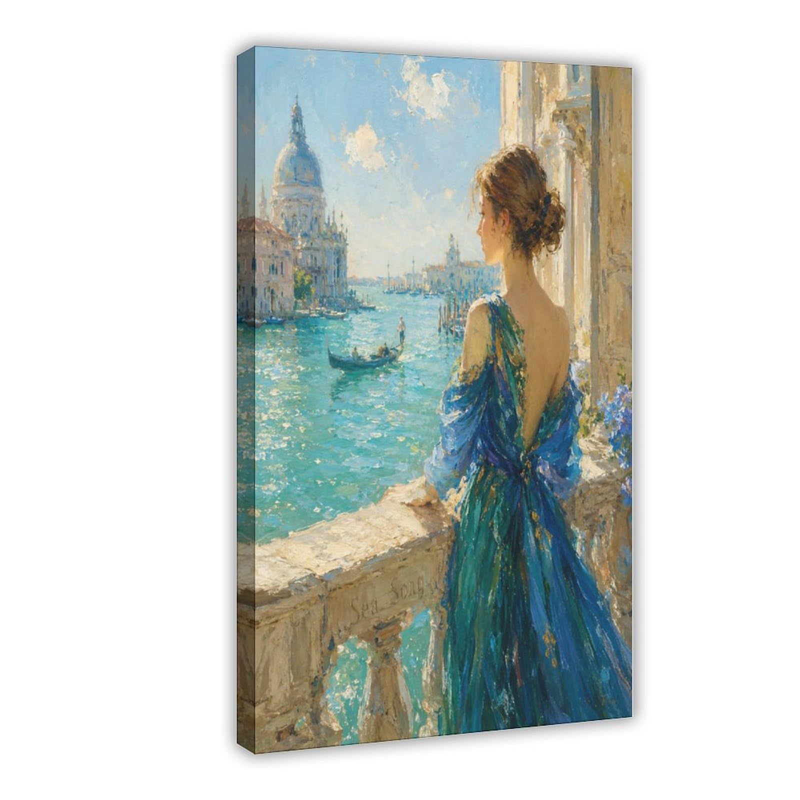 W7c8u2x3 Frame-Style-16 Woman By Venetian Water Canvas Wall Art, Sunlit City Oil Painting