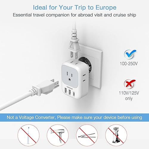 Miniatura 5 de Paquete de 3 adaptadores de enchufe de viaje europeos USB C, adaptador de corriente TESSAN de Estados Unidos a Europa con 4 salidas de CA y 3 USB (1