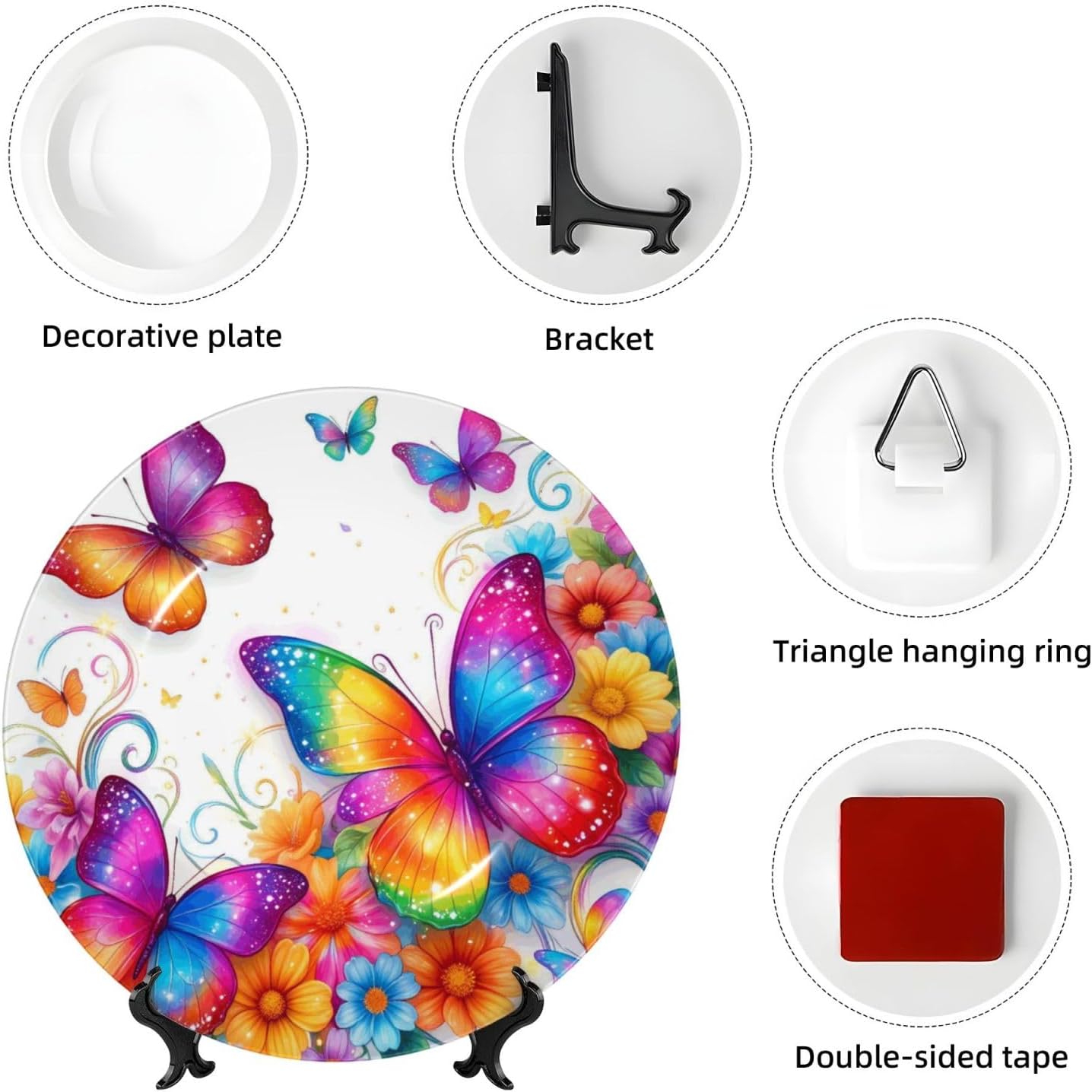 Butterflies And Flowers Magic Style Ceramic Plate Display Decorative Plate With Stand Wall Hanging Plate For Home Decor 10 Inch