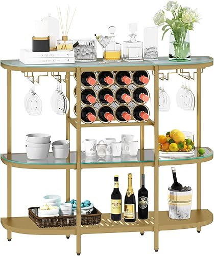 Miniatura 7 de O&K FURNITURE Mesa de bar para el hogar con estantes de vino, mesa de bar de vino de 3 niveles con soportes para vidrio, gabinete de vino con