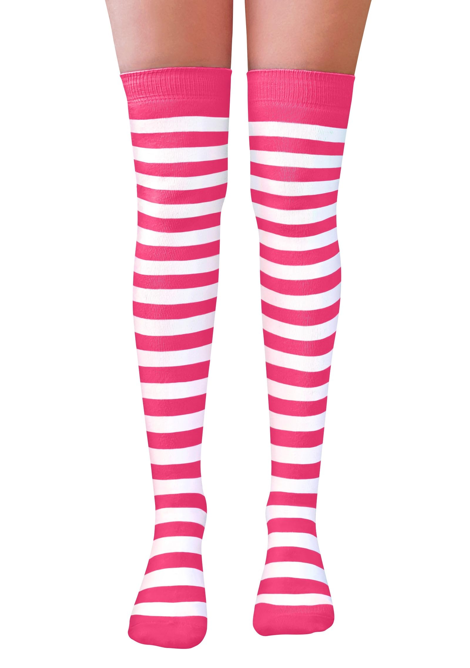 Nujake Girls Pink & White Striped Over The Knee Socks Fancy Dress Up Themed Cosplay Christmas & Halloween Uk Size 4-5.5 (Pink & White)