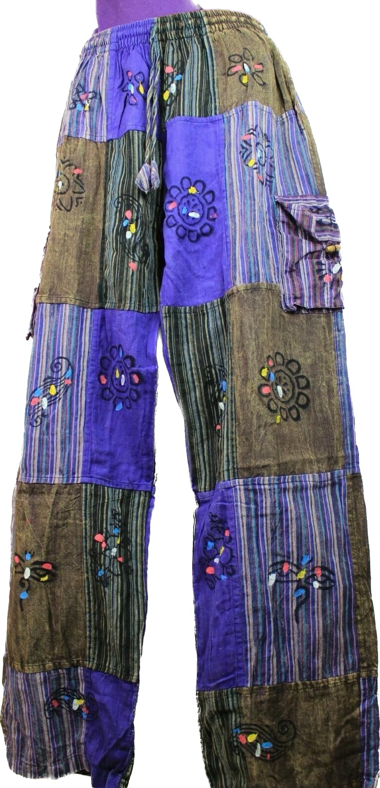 Karma Handicrafts Patchwork Hippy Cotton Festival Trouser Boho Yoga Pant Wide Leg Combat Nepal 202 (US, Alpha, 4X-Large, Regular, Regular, Purple)