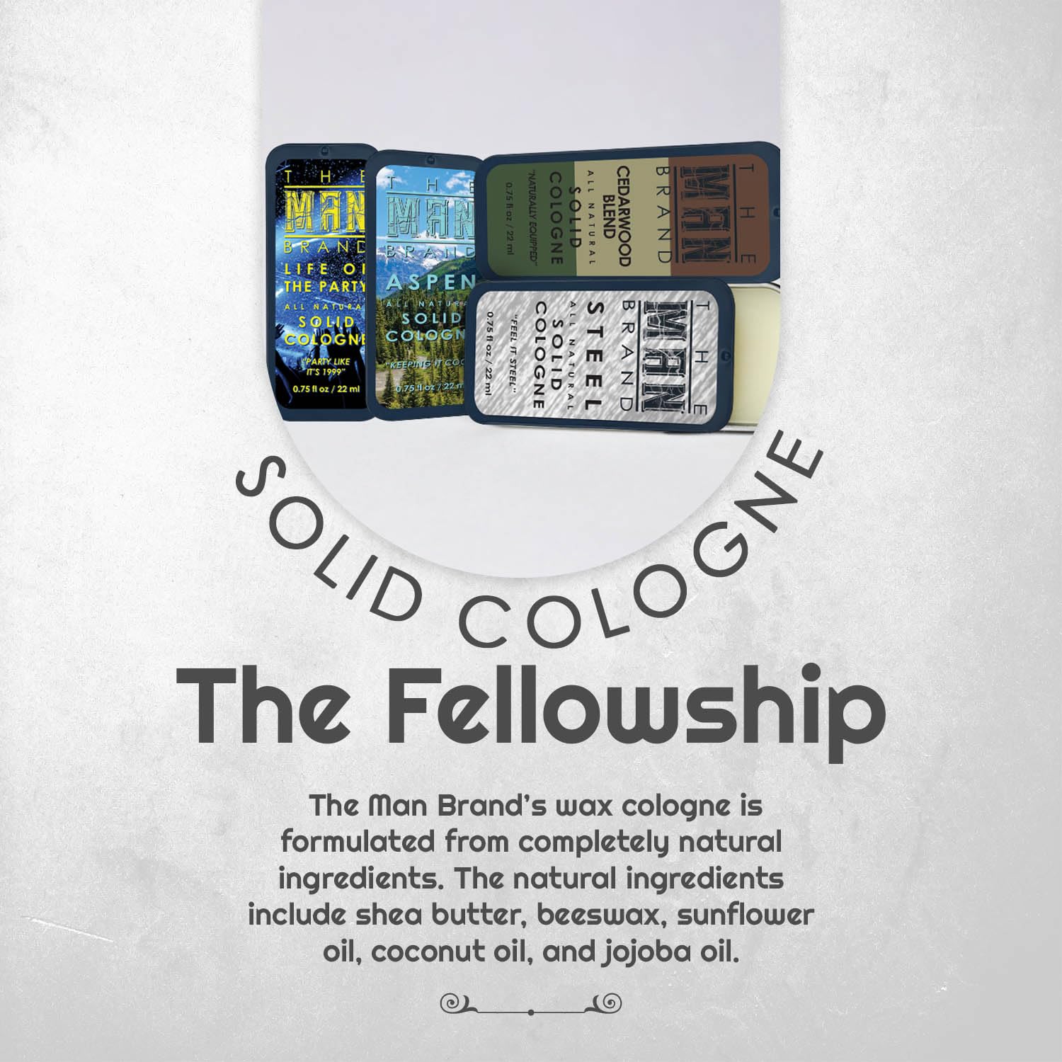 Solid Cologne Sample Set with Aspen Solid Perfume, Woodsman Solid Cologne, Steel, and Life of the Party Cologne - (Fellowship Solid Cologne Man Sampler Pack - 4 Pack - 0.75 oz each)