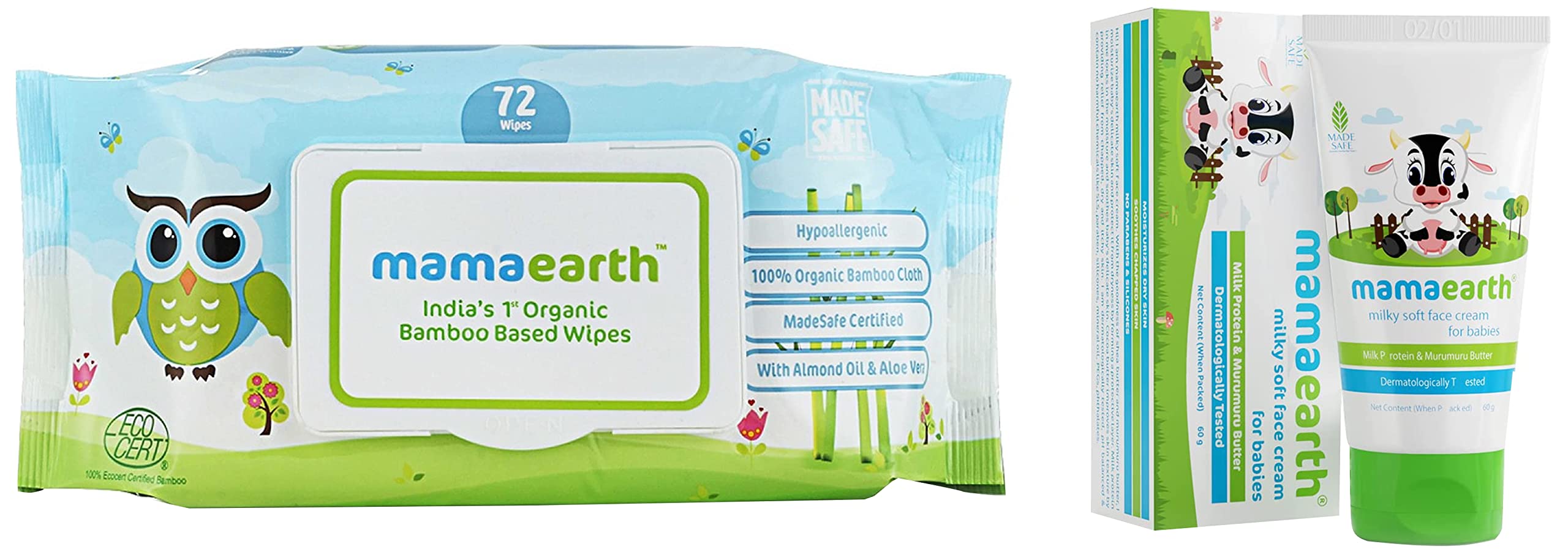 Mamaearth Milky Soft Natural Baby Face Cream for Babies, for All Skin Types 60 g & India's First Organic Bamboo Based Baby Wipes (72 Wipes)