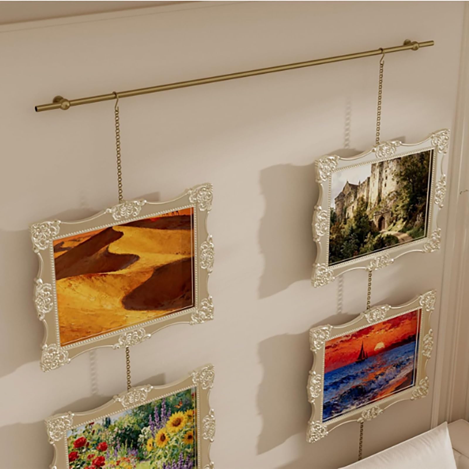 Aenmezen Brass Picture Hanging System with Metal Chain, Gallery Rail Kit with Brass S-Hooks for Frames, Adjustable Height Picture Rail for Photo Display(0.9m(35.4") Rod)
