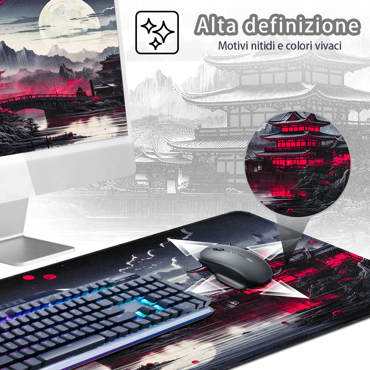 Zindoo Tappetino Mouse Gaming XXL 900x400x3mm Antiscivolo Precisione Nero Giapponese