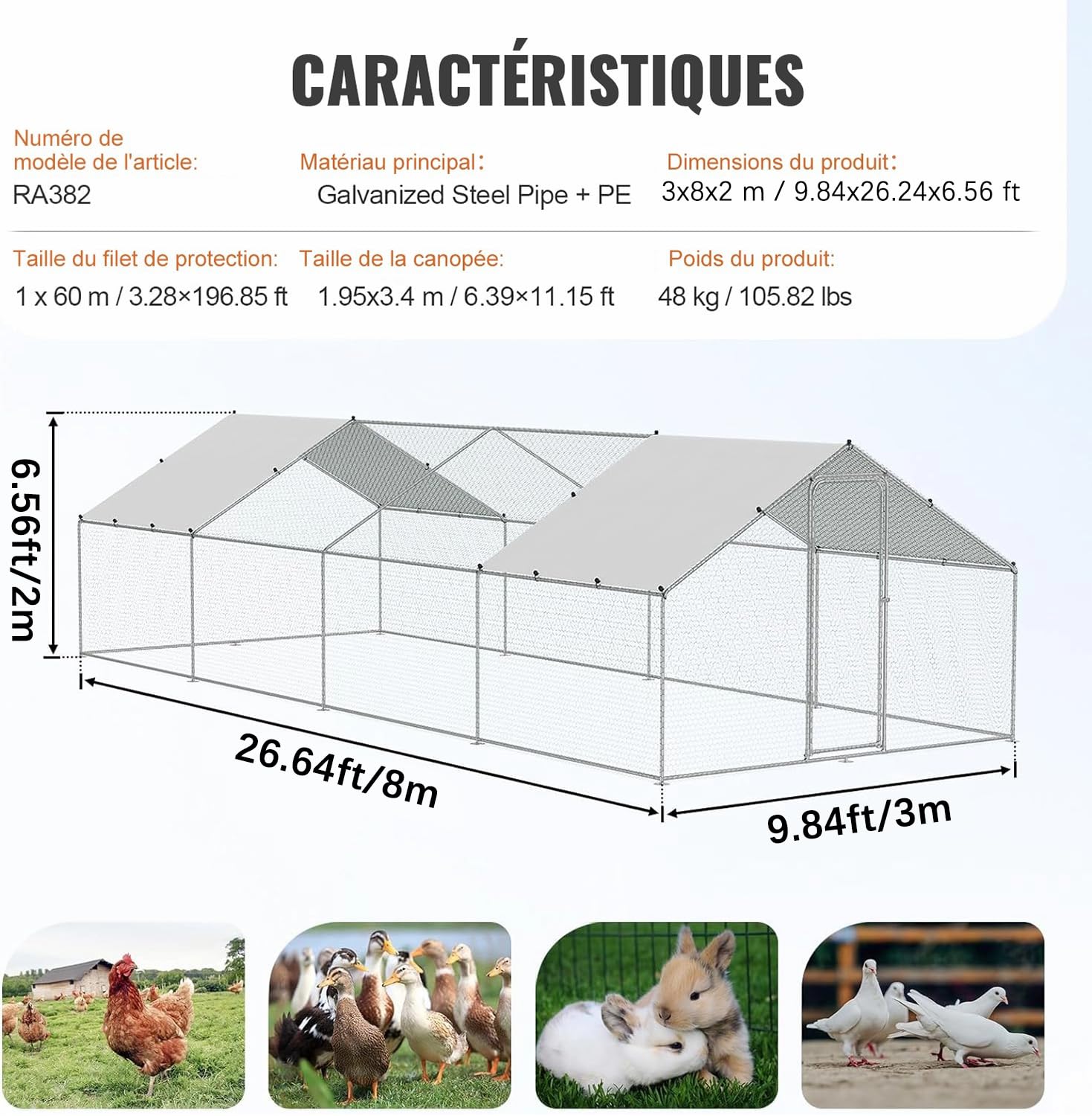 Très Grand Poulailler Extérieur 24 m² en Métal Galvanisé avec Toiture PE Imperméable et Porte Sécurisée – Enclos Grillagé pour Poules, Lapins, Chiens et Divers Animaux – 8 x 3 x 2 m