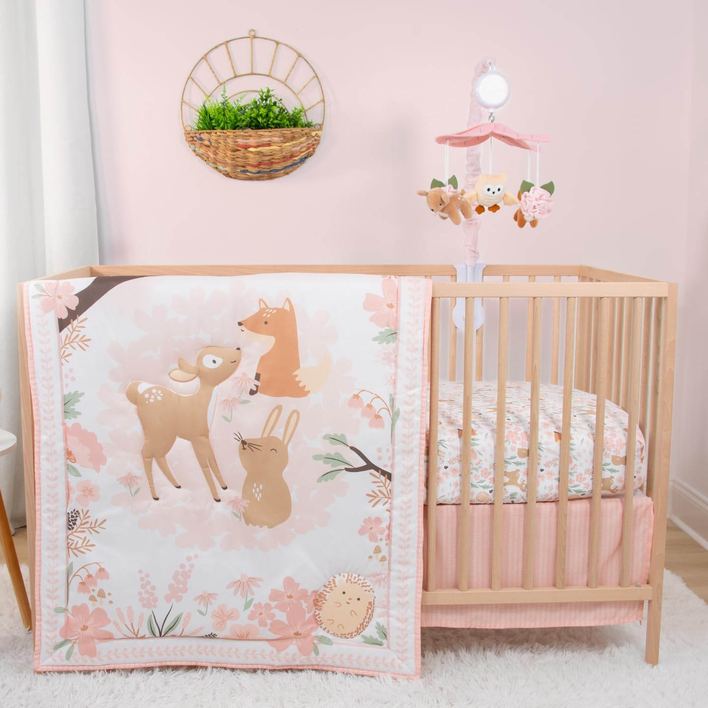The Peanutshell 4 Piece Baby Crib Bedding Set for Girls - Newborn, Infant & Toddler Nursery Bed Set with Fitted Crib Sheet, Dust Ruffle Comforter, Mobile - Fairytale Forest Nursery Decor