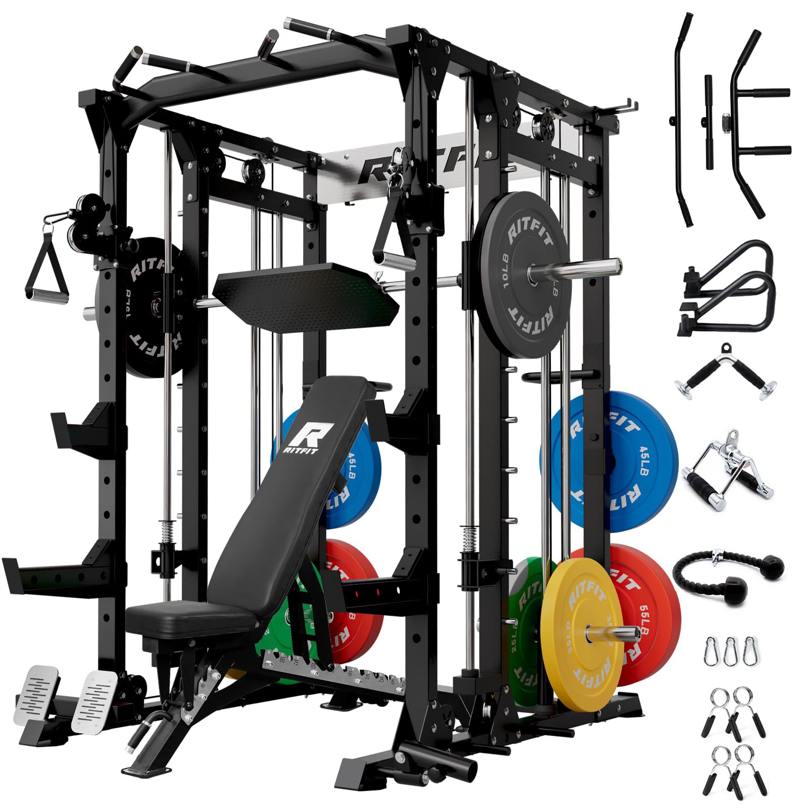 RitFit Buffalo Smith Machine, Power cage with LAT-Pull Down System &amp; Cable Crossover System, All-in-One Squat Rack for Home Gym, Power Rack